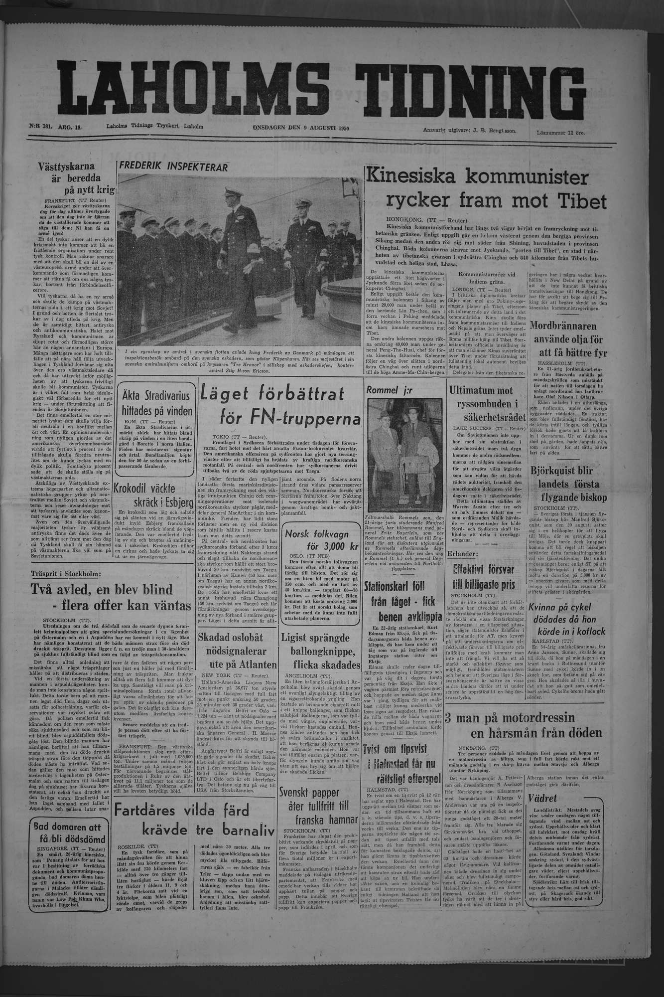 Laholms Tidning Onsdag 9 augusti 1950, sida 1