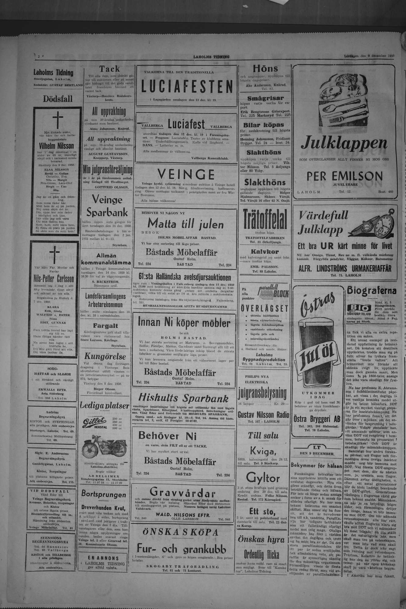 Laholms Tidning Lördag 9 december 1950, sida 2