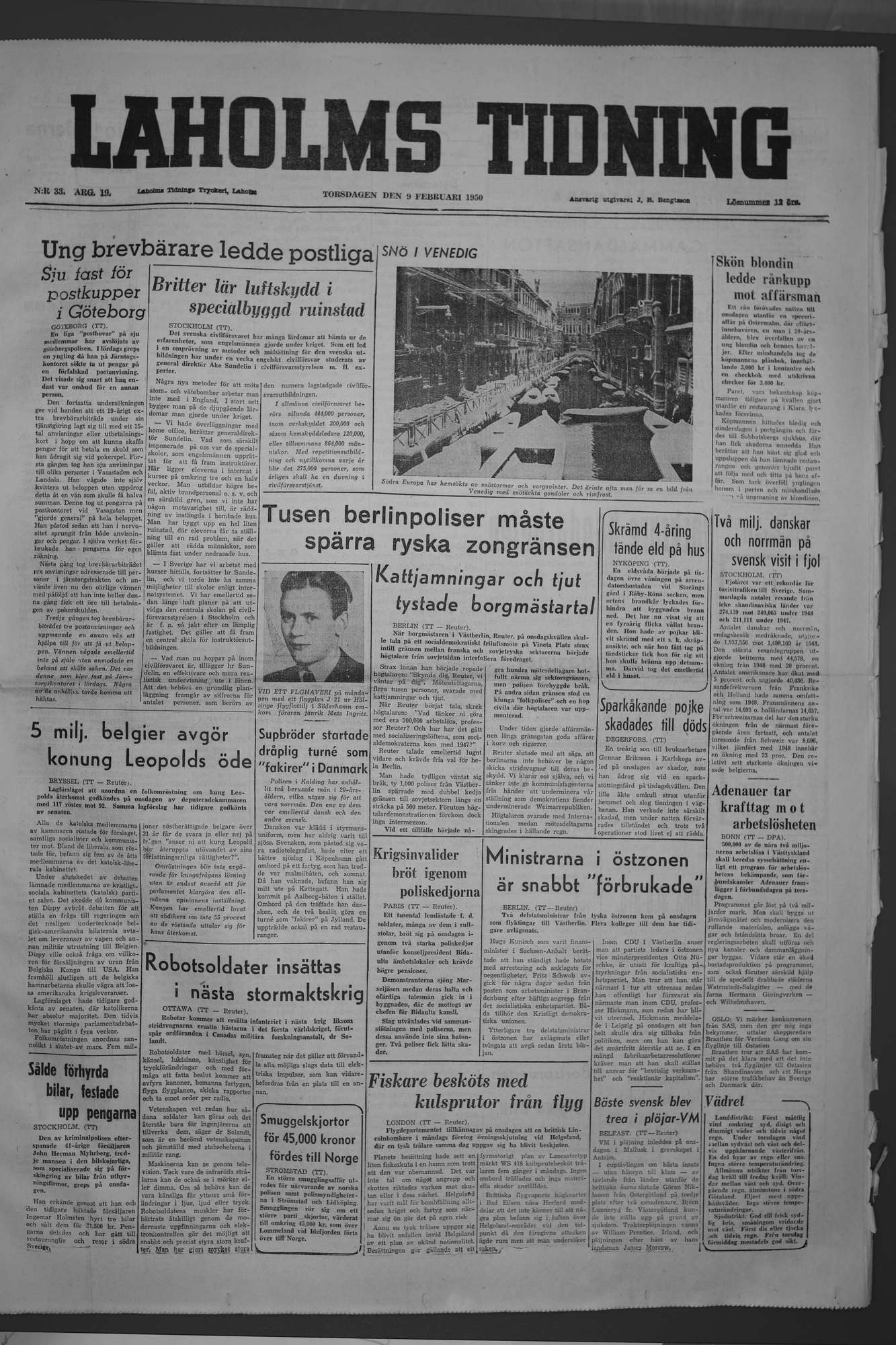 Laholms Tidning Torsdag 9 februari 1950, sida 1