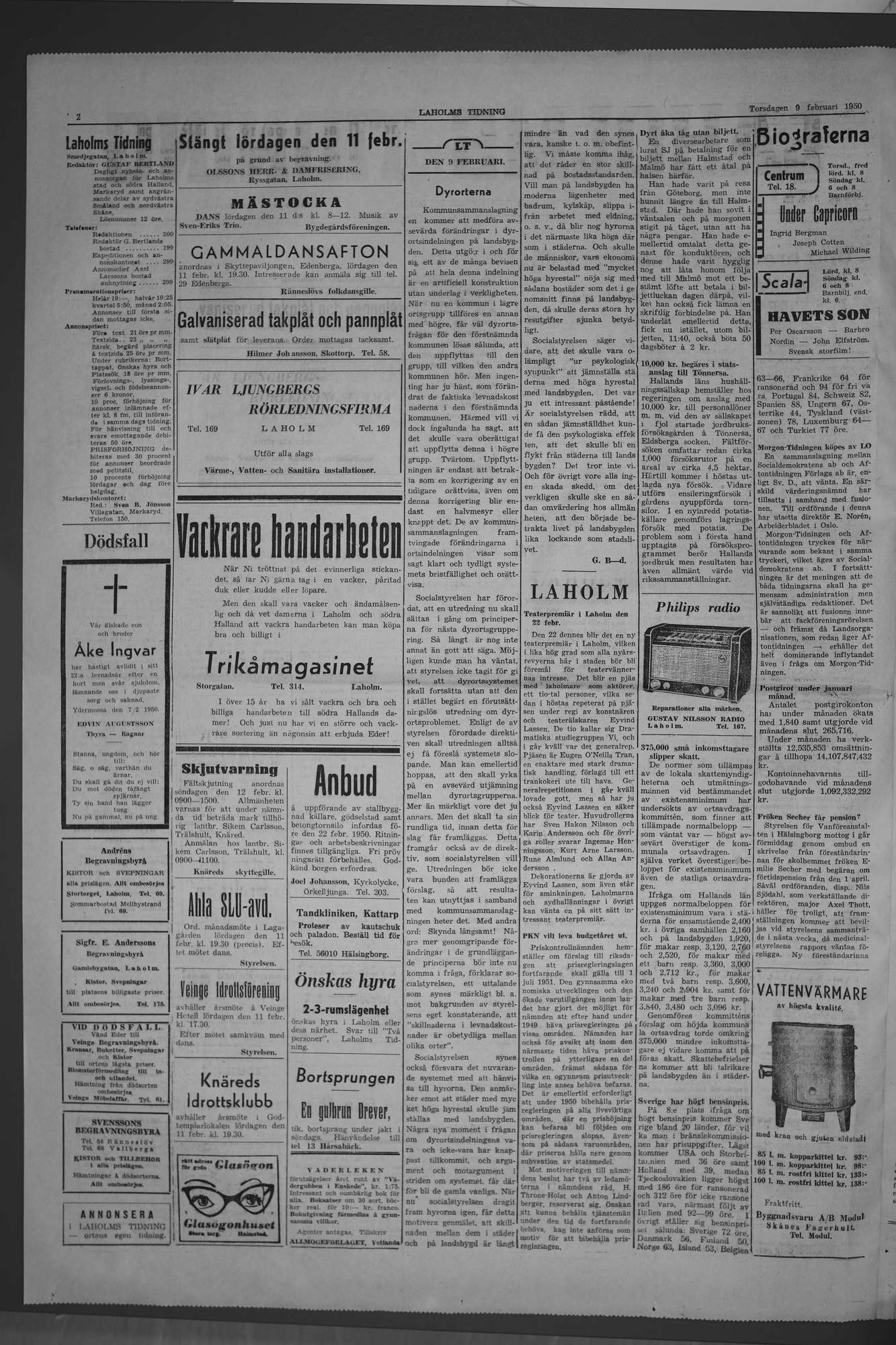 Laholms Tidning Torsdag 9 februari 1950, sida 2