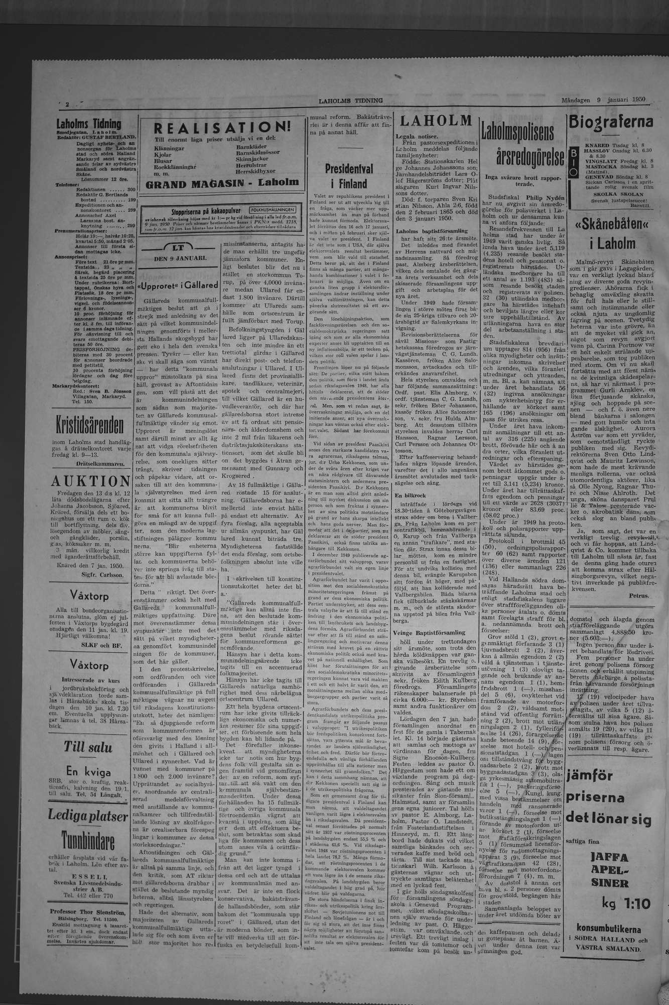 Laholms Tidning Måndag 9 januari 1950, sida 2