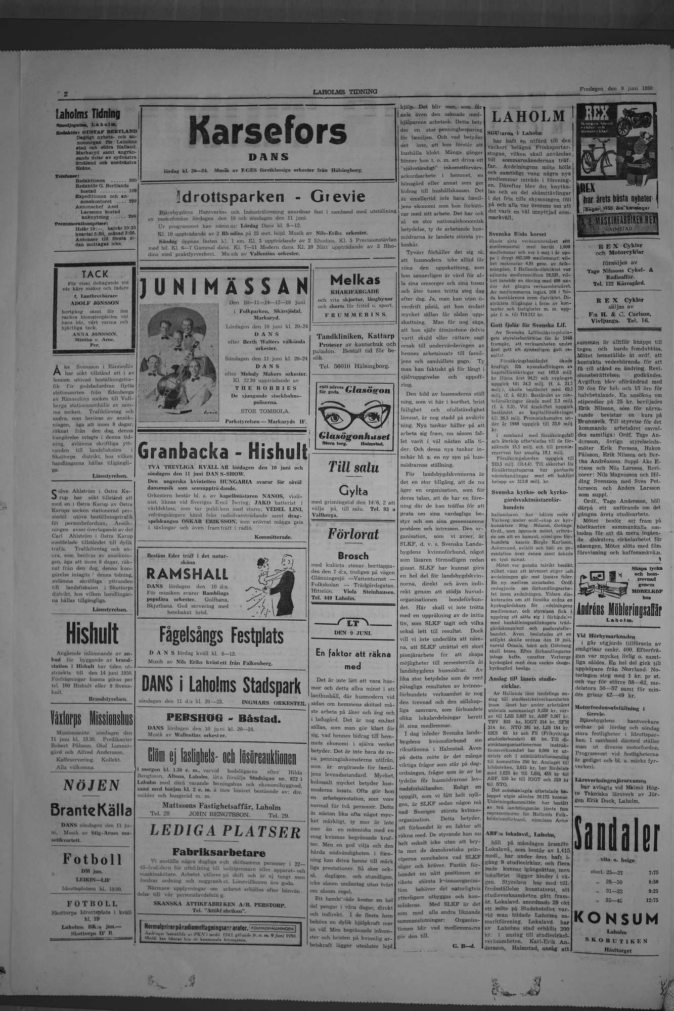 Laholms Tidning Fredag 9 juni 1950, sida 2