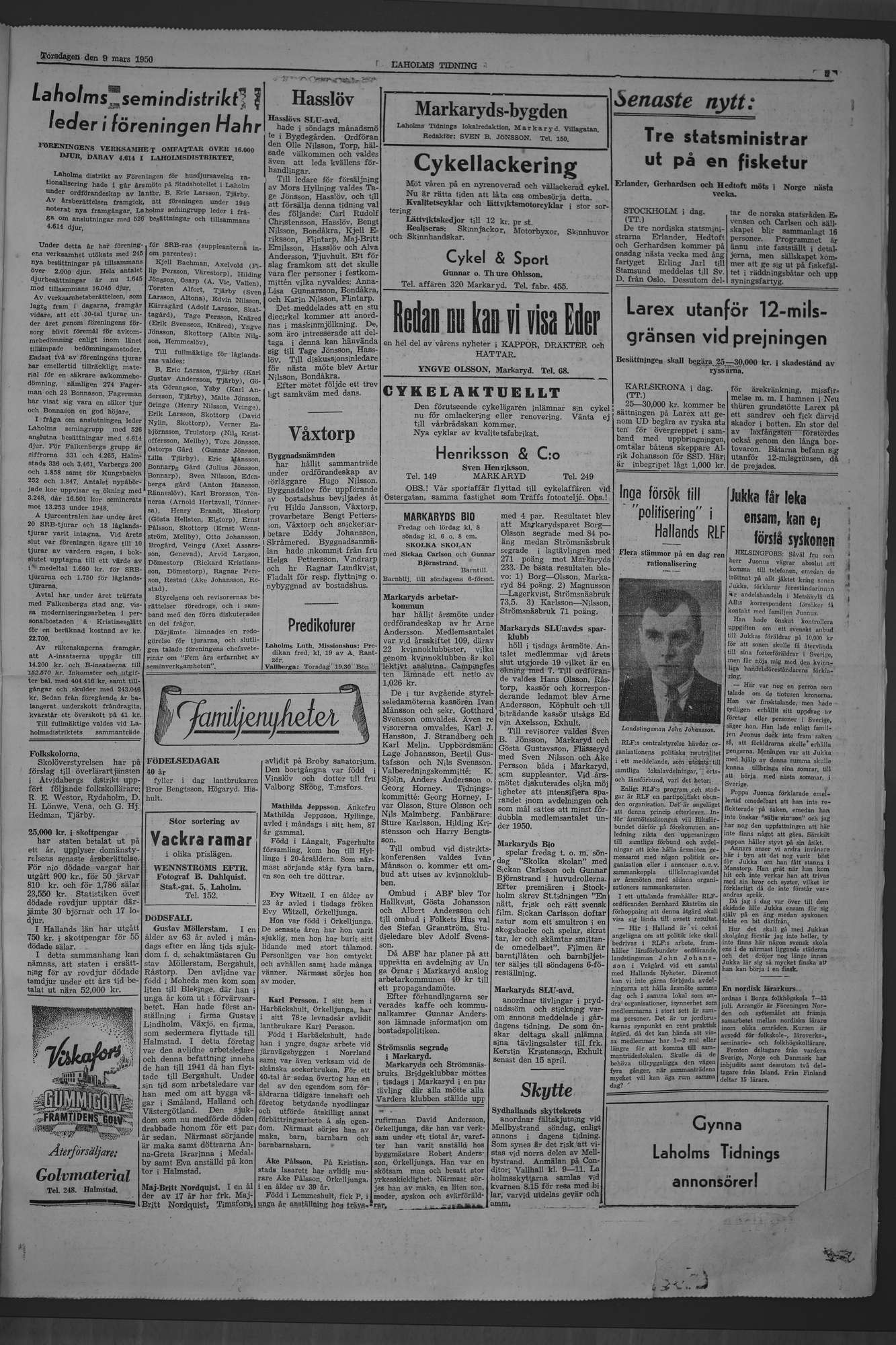 Laholms Tidning Torsdag 9 mars 1950, sida 3