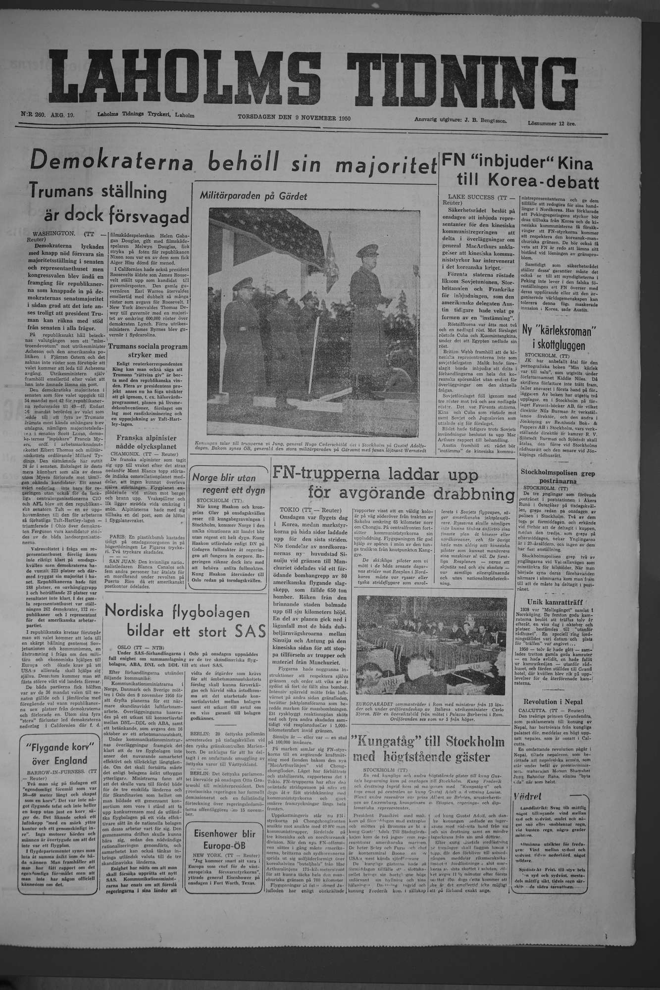 Laholms Tidning Torsdag 9 november 1950, sida 1