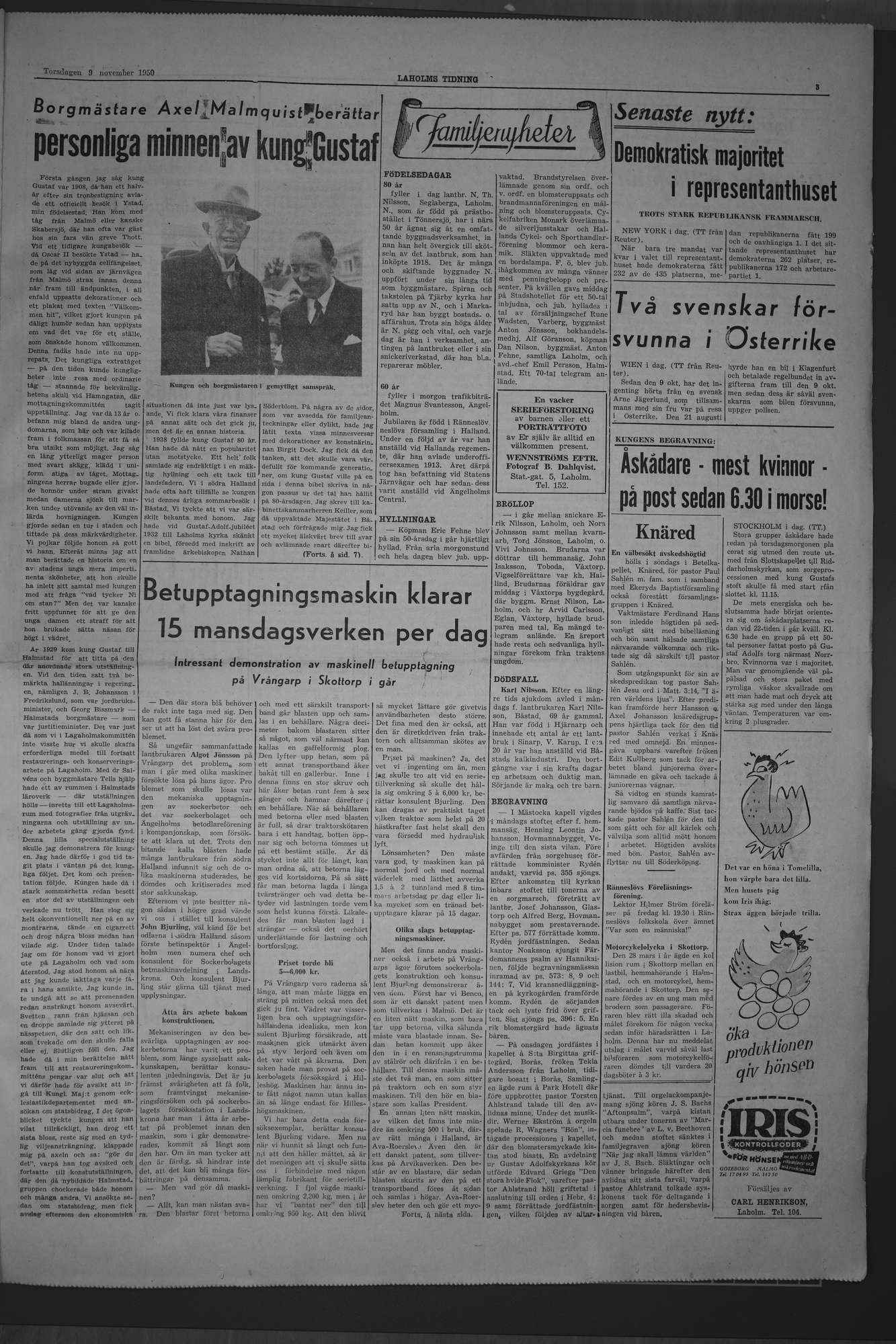 Laholms Tidning Torsdag 9 november 1950, sida 3