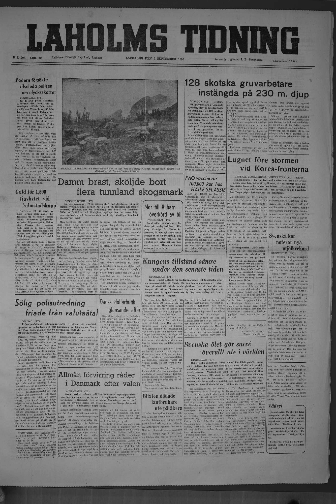 Laholms Tidning Lördag 9 september 1950, sida 1