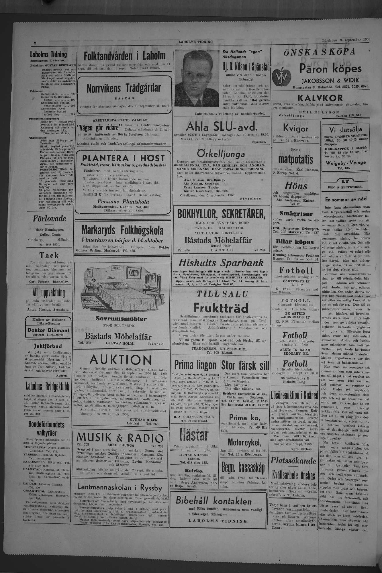 Laholms Tidning Lördag 9 september 1950, sida 2