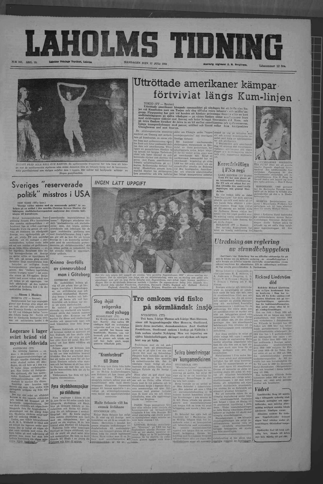 Laholms Tidning Måndag 17 juli 1950, sida 1