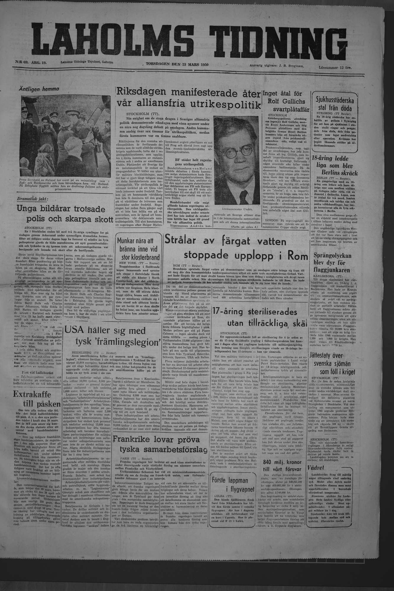 Laholms Tidning Torsdag 23 mars 1950, sida 1