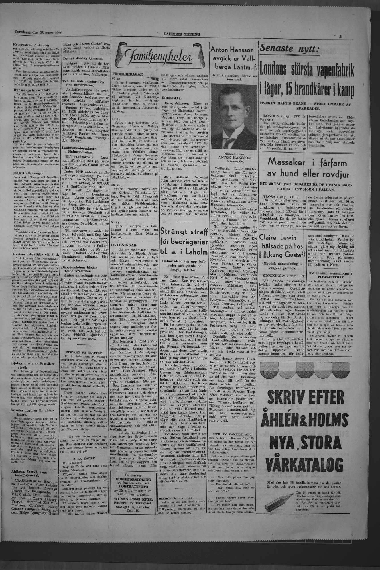 Laholms Tidning Torsdag 23 mars 1950, sida 3