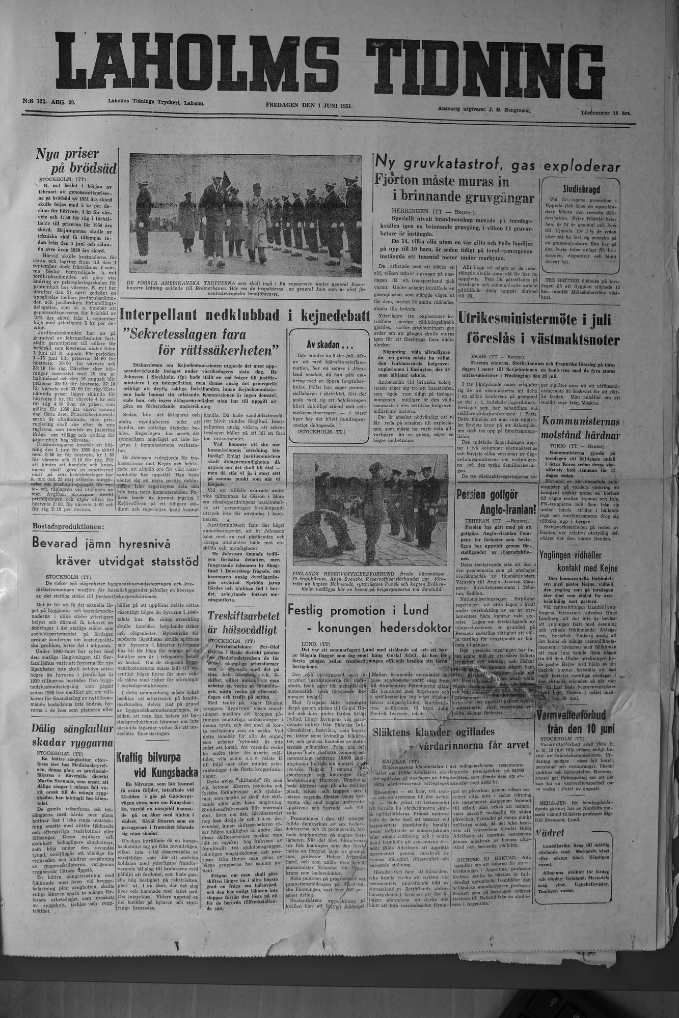 Laholms Tidning Fredag 1 juni 1951, sida 1