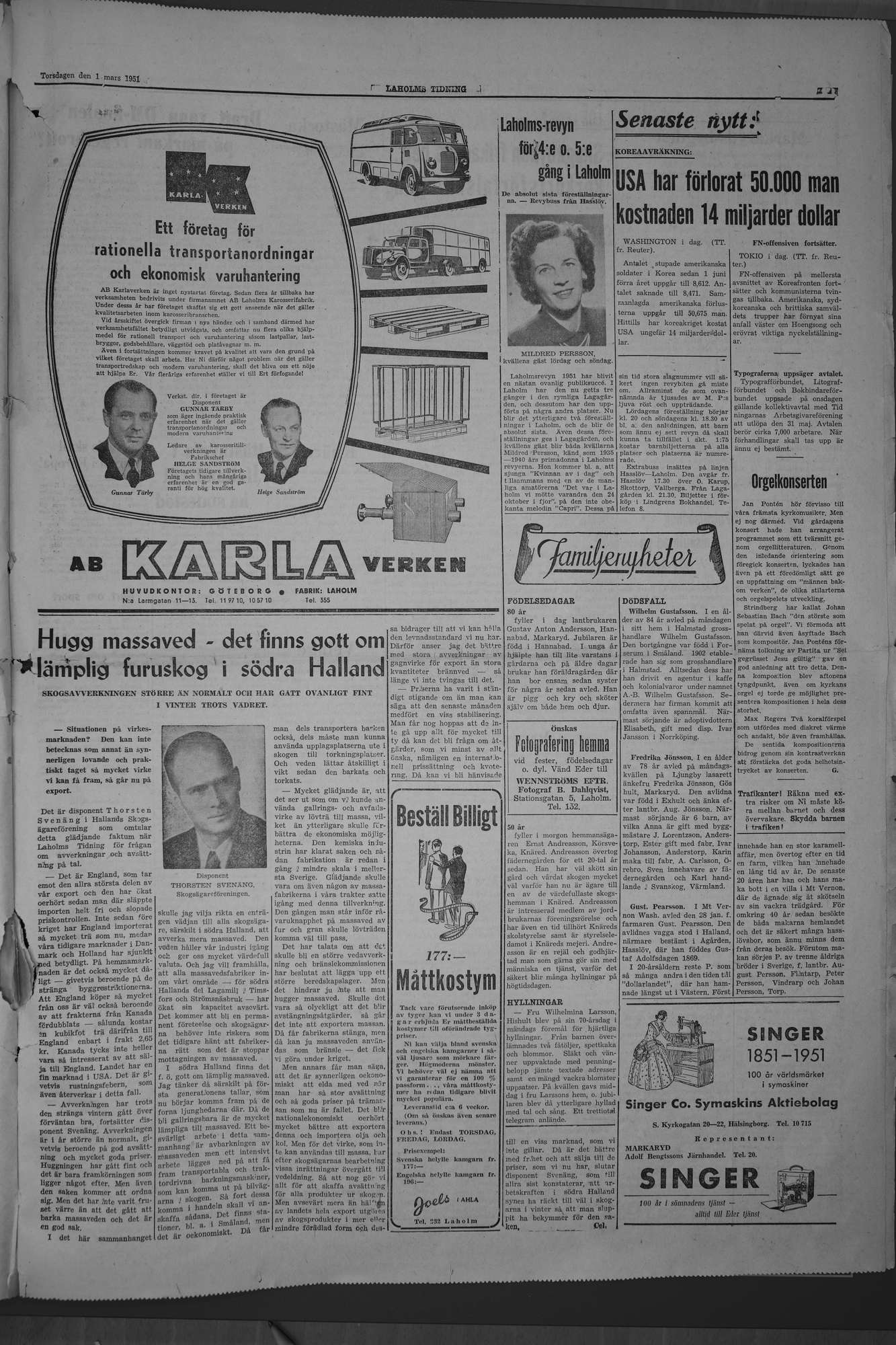 Laholms Tidning Torsdag 1 mars 1951, sida 3
