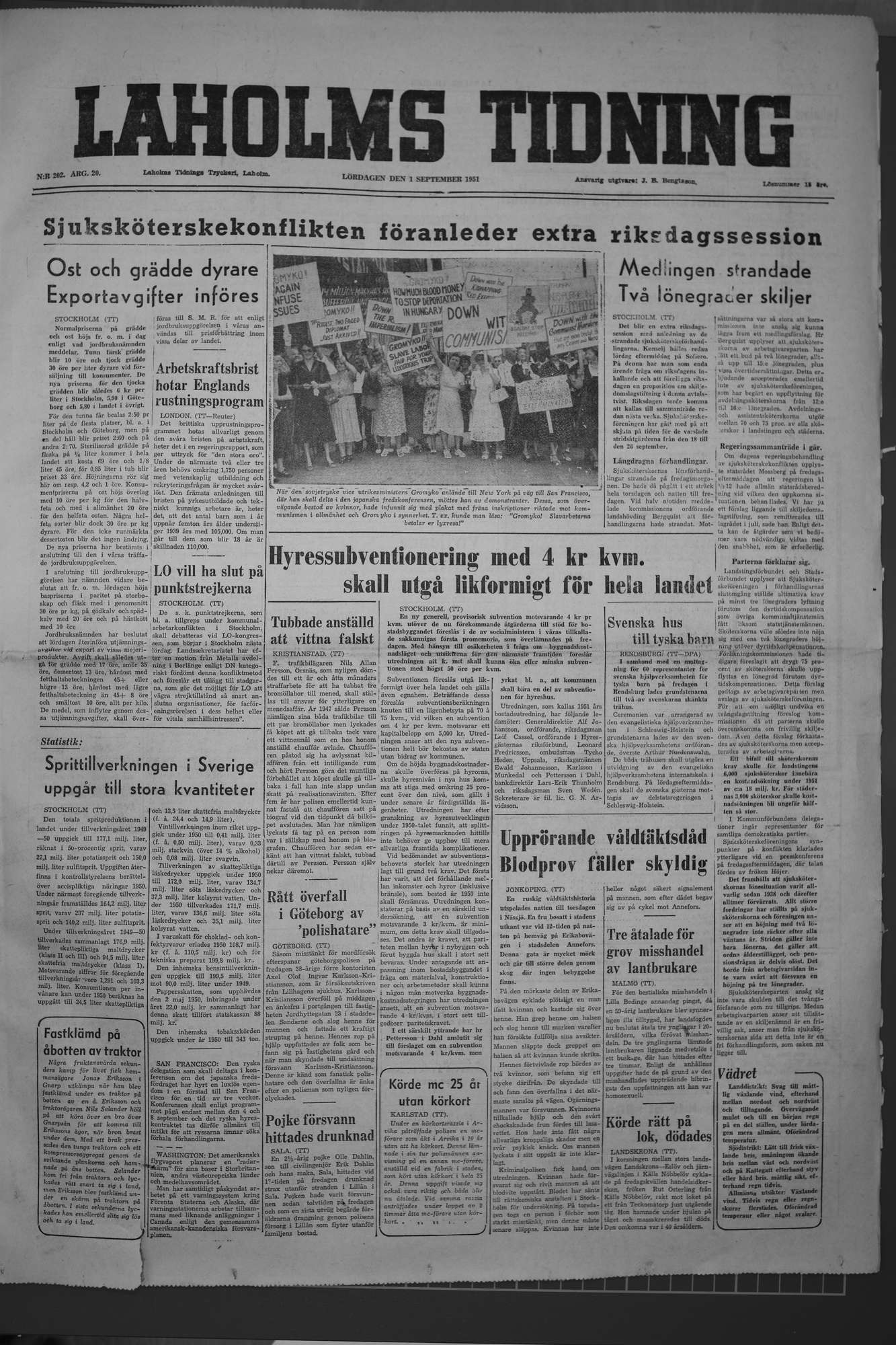Laholms Tidning Lördag 1 september 1951, sida 1
