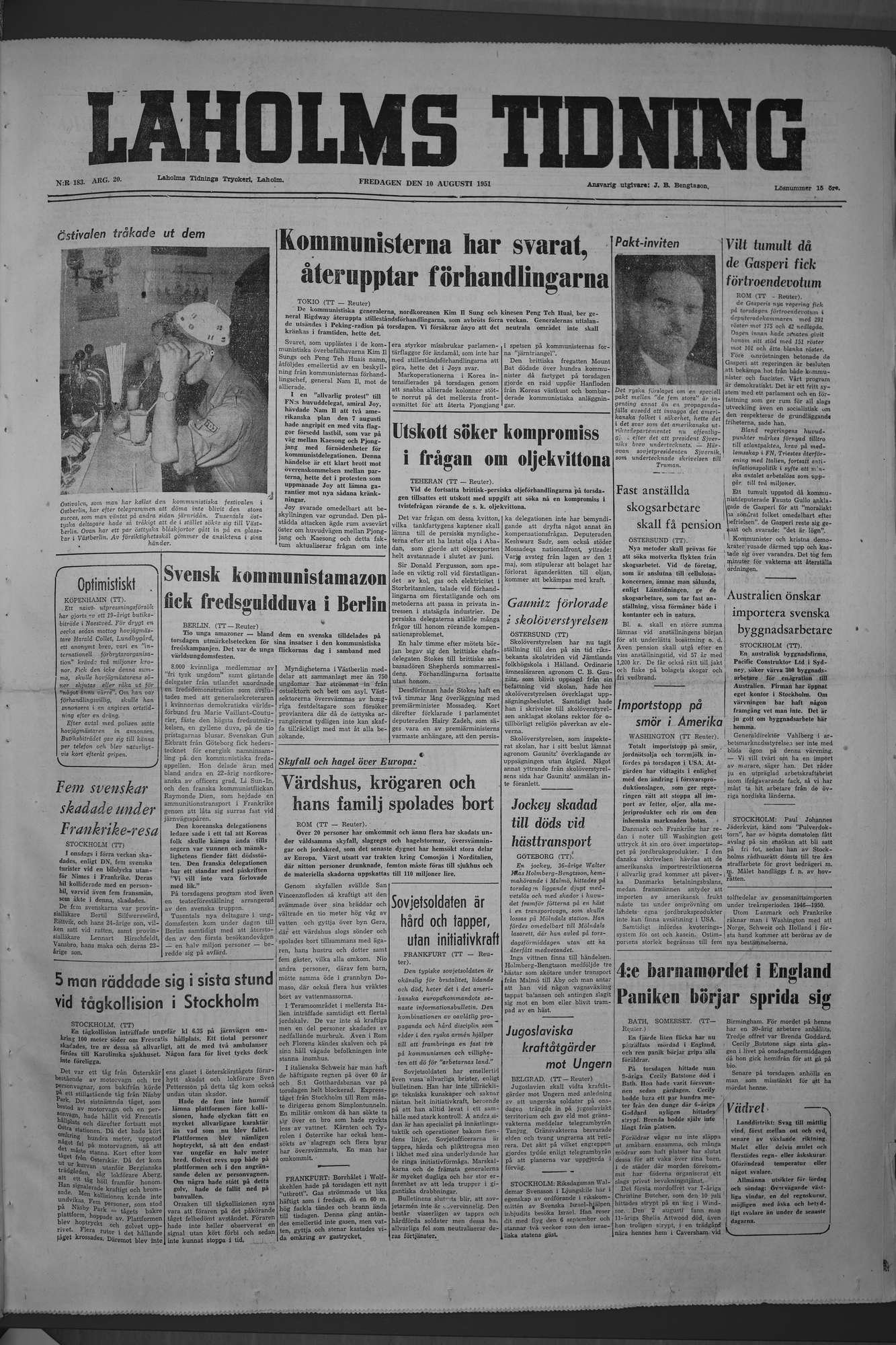 Laholms Tidning Fredag 10 augusti 1951, sida 1