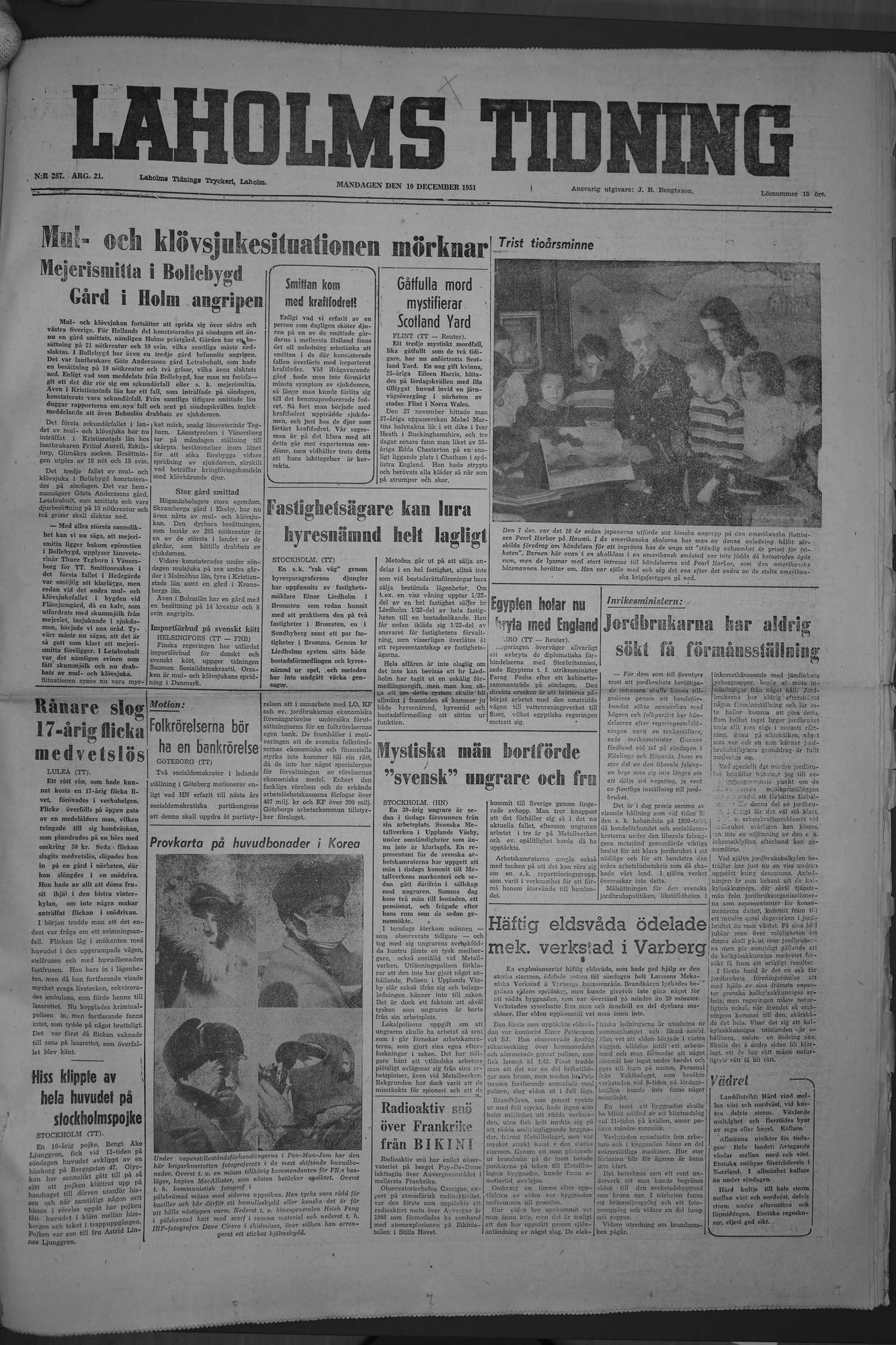 Laholms Tidning Måndag 10 december 1951, sida 1