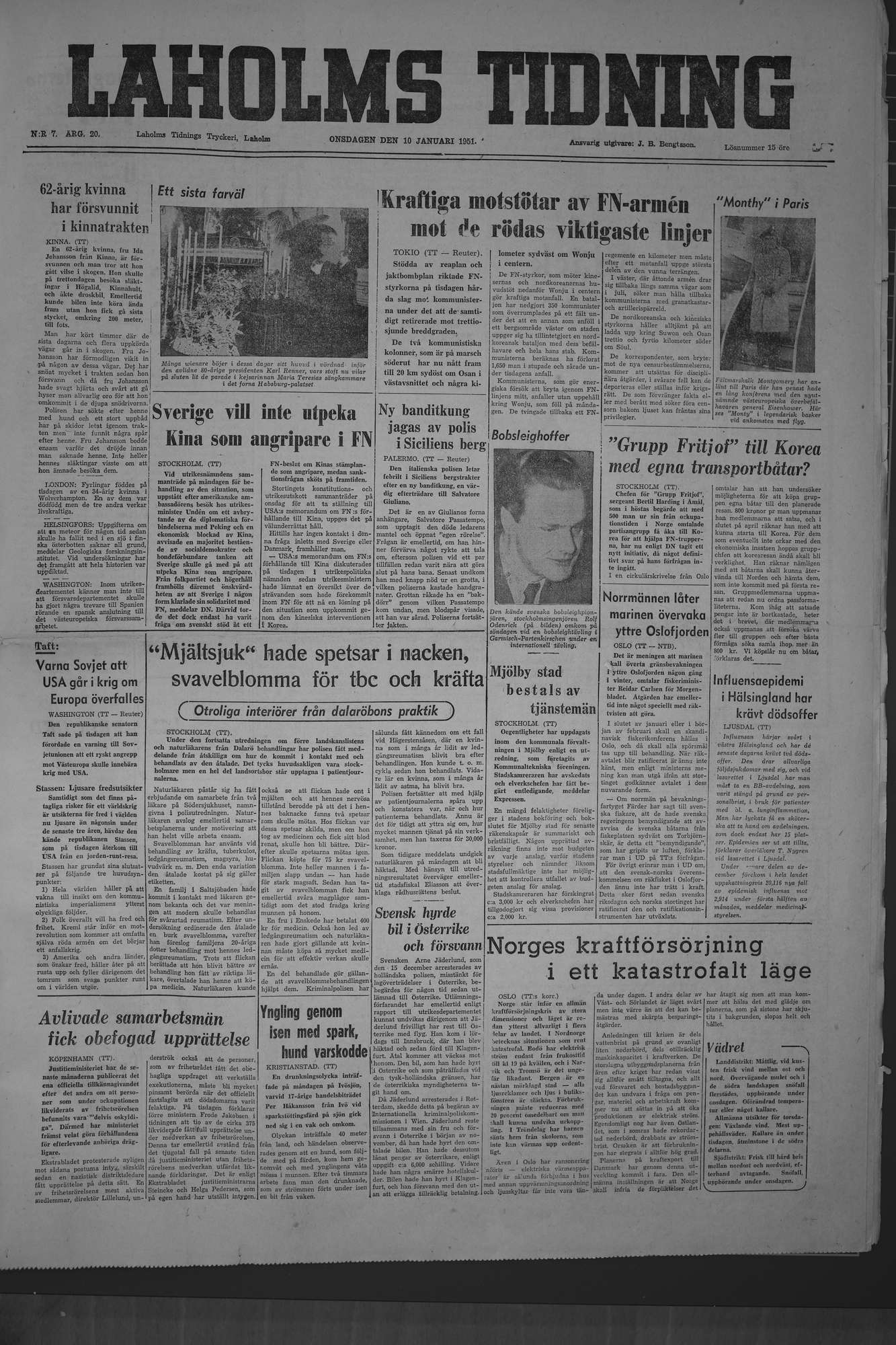 Laholms Tidning Onsdag 10 januari 1951, sida 1