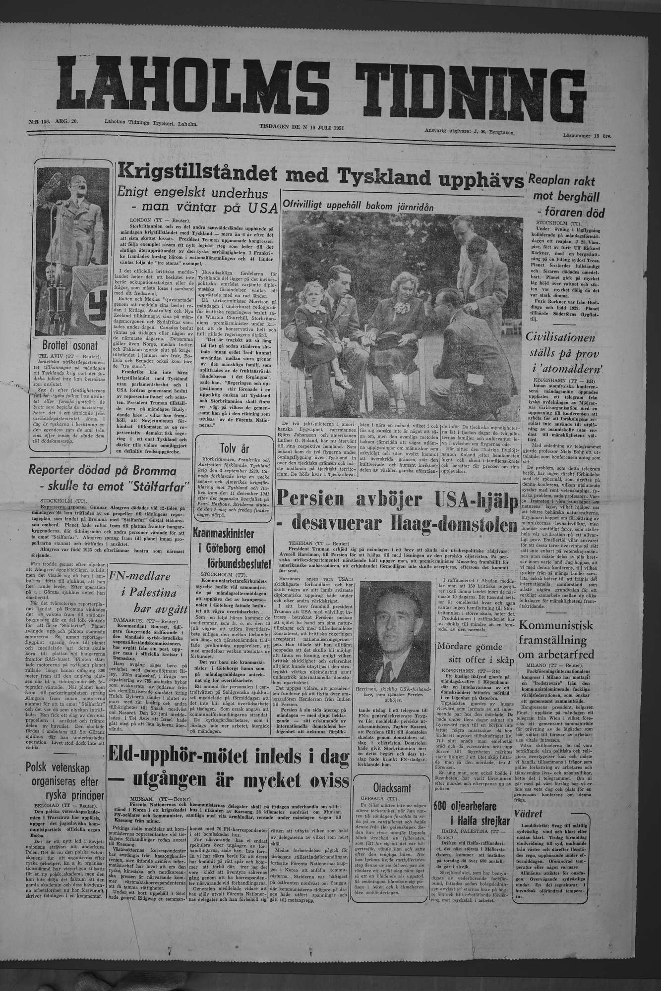 Laholms Tidning Tisdag 10 juli 1951, sida 1