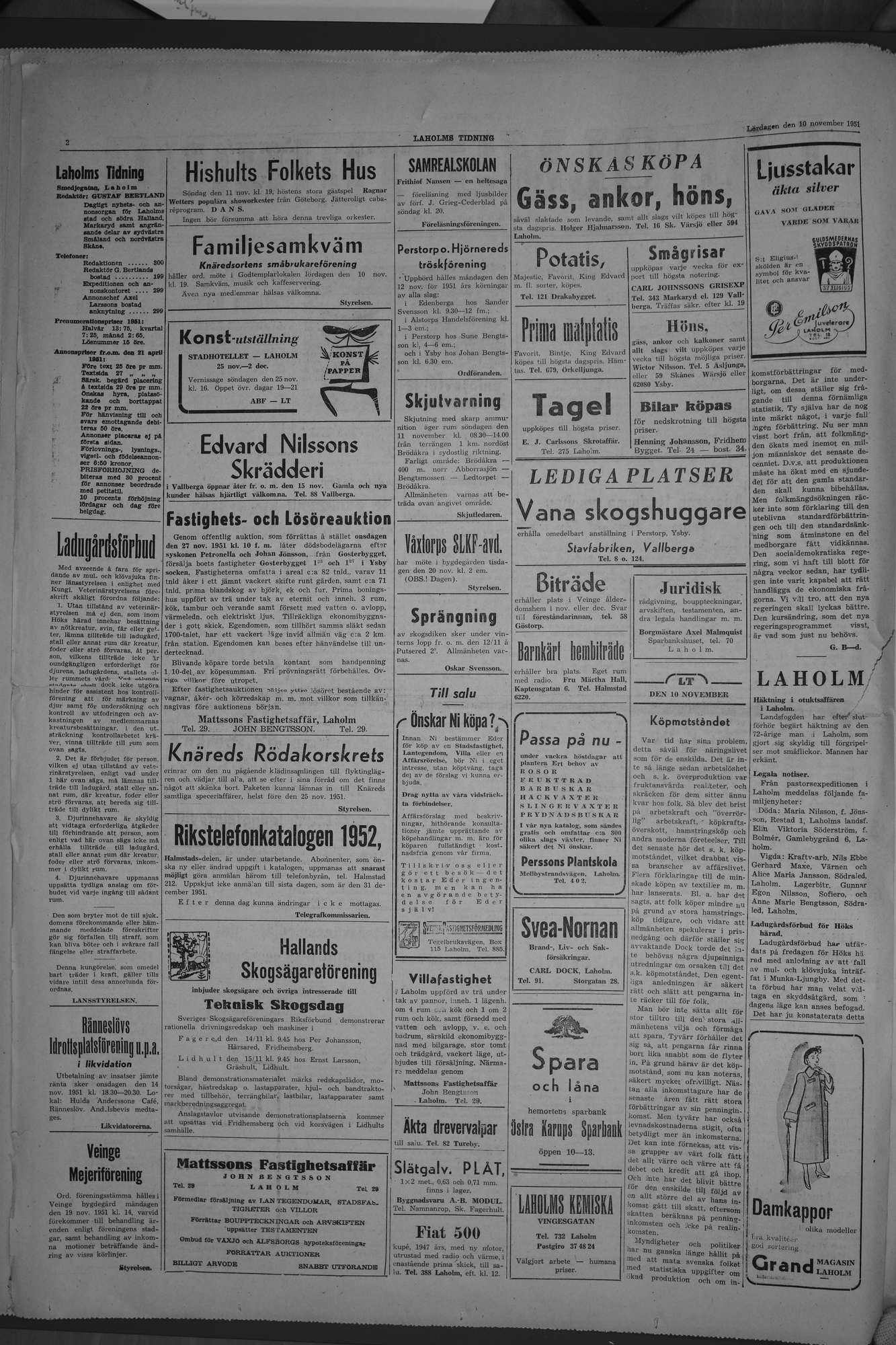 Laholms Tidning Lördag 10 november 1951, sida 2