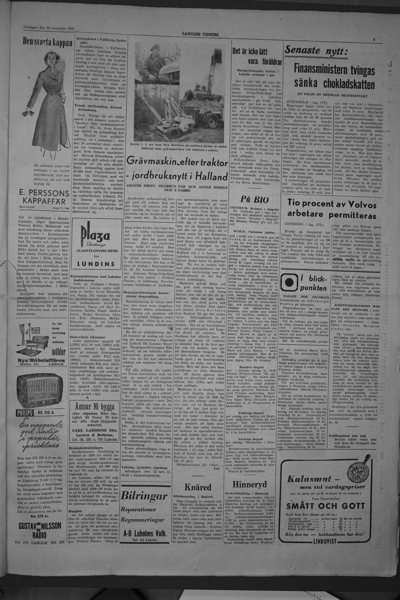 Laholms Tidning Lördag 10 november 1951, sida 3