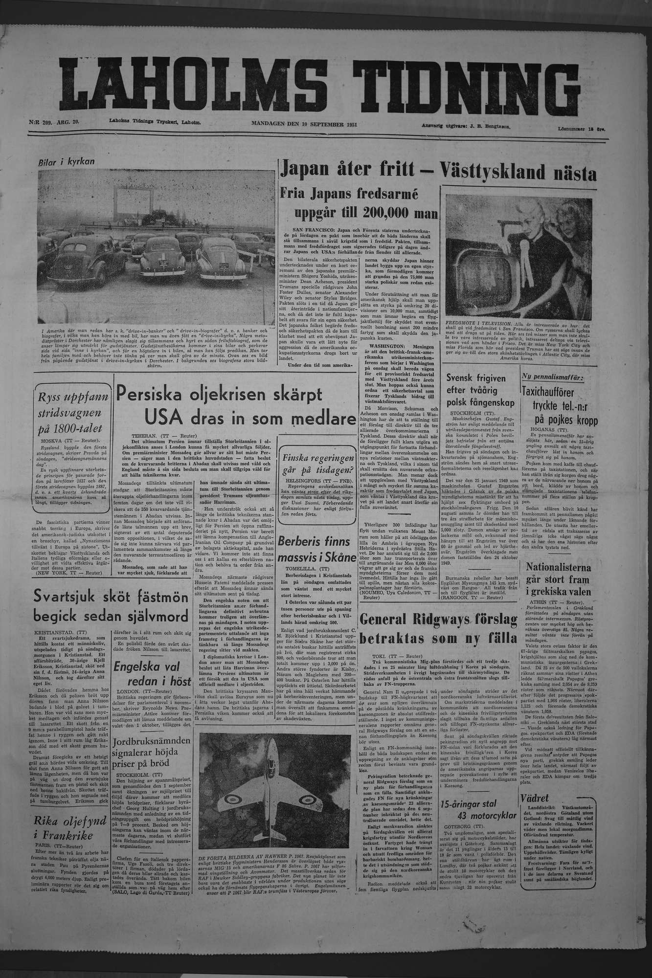 Laholms Tidning Måndag 10 september 1951, sida 1