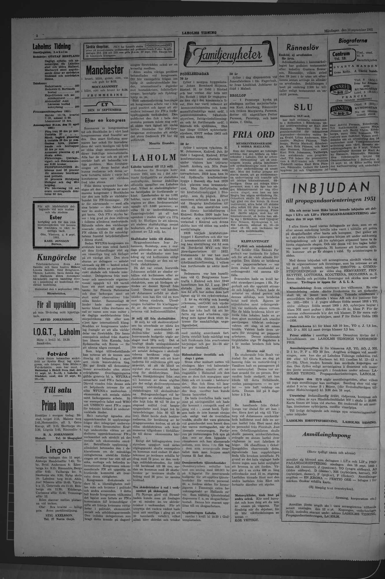 Laholms Tidning Måndag 10 september 1951, sida 2