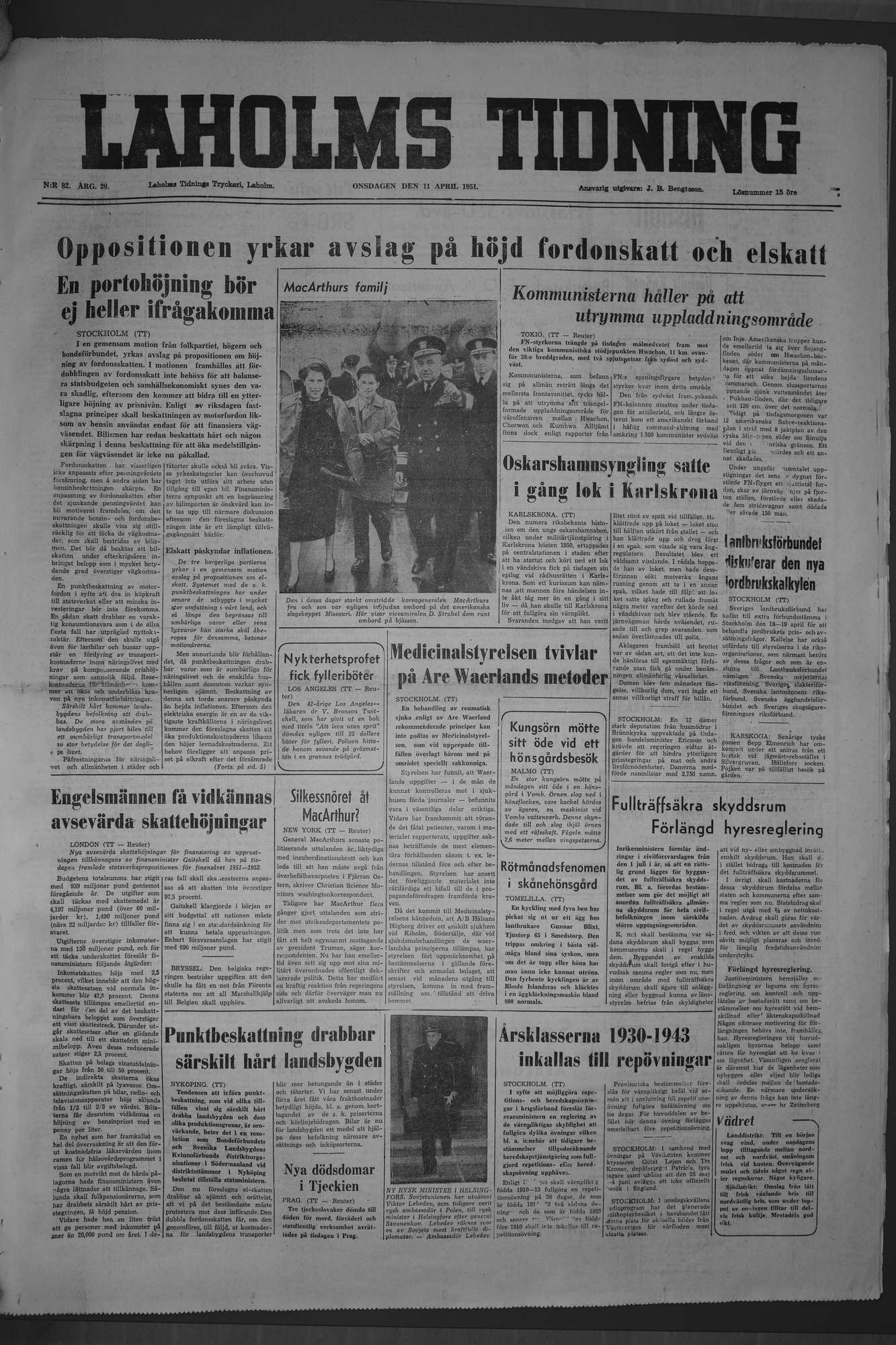 Laholms Tidning Onsdag 11 april 1951, sida 1