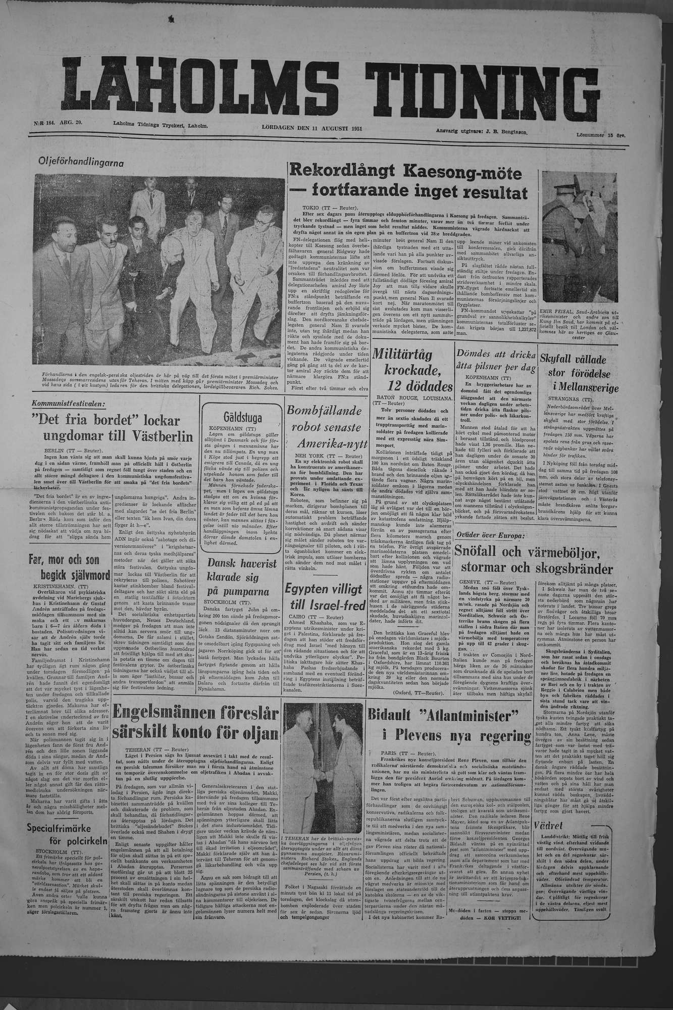 Laholms Tidning Lördag 11 augusti 1951, sida 1