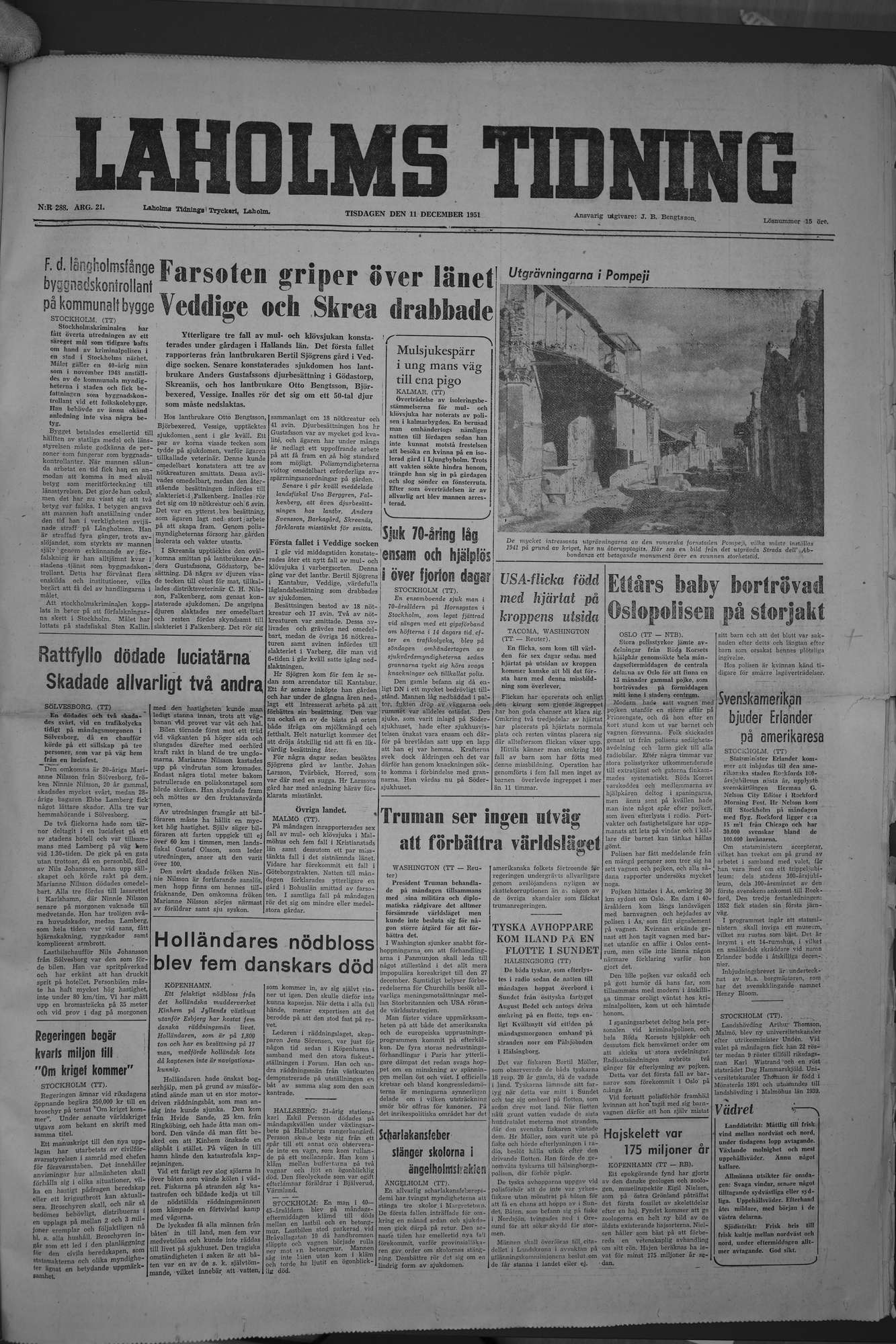 Laholms Tidning Tisdag 11 december 1951, sida 1