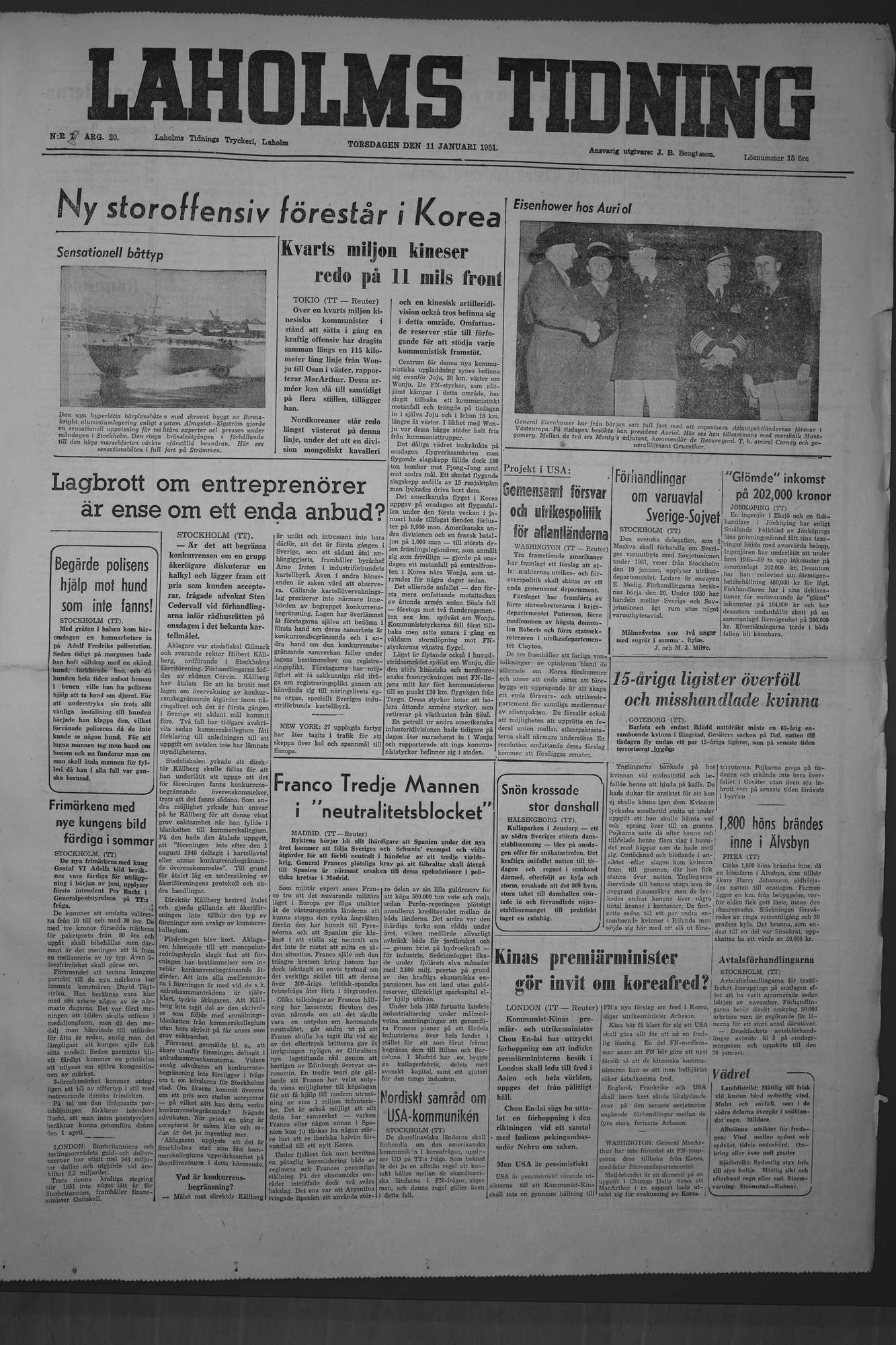 Laholms Tidning Torsdag 11 januari 1951, sida 1