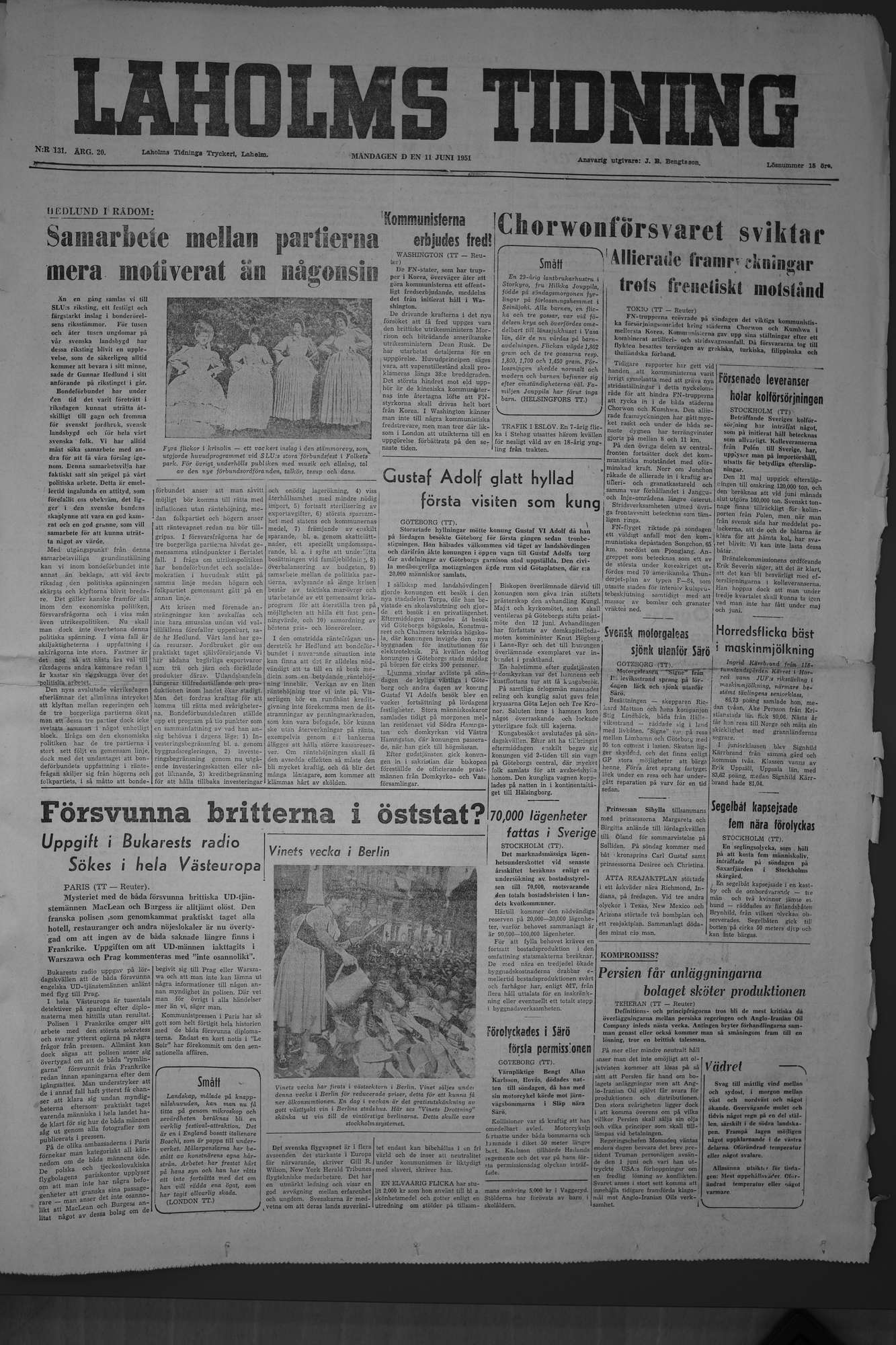 Laholms Tidning Måndag 11 juni 1951, sida 1