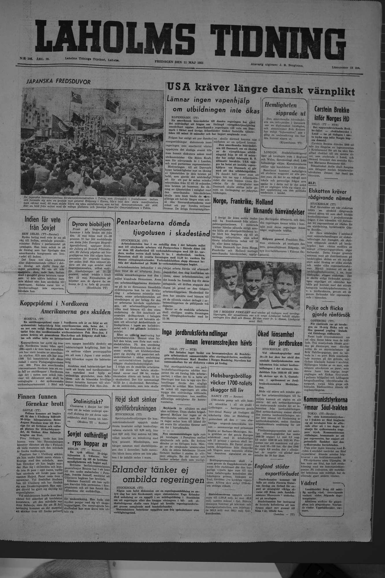 Laholms Tidning Fredag 11 maj 1951, sida 1