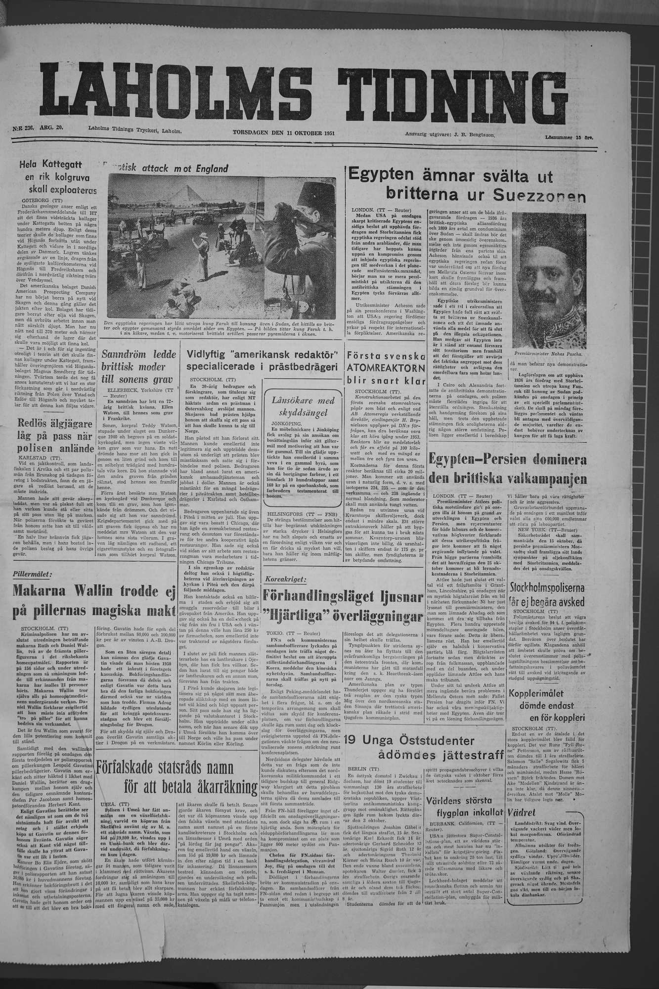 Laholms Tidning Torsdag 11 oktober 1951, sida 1