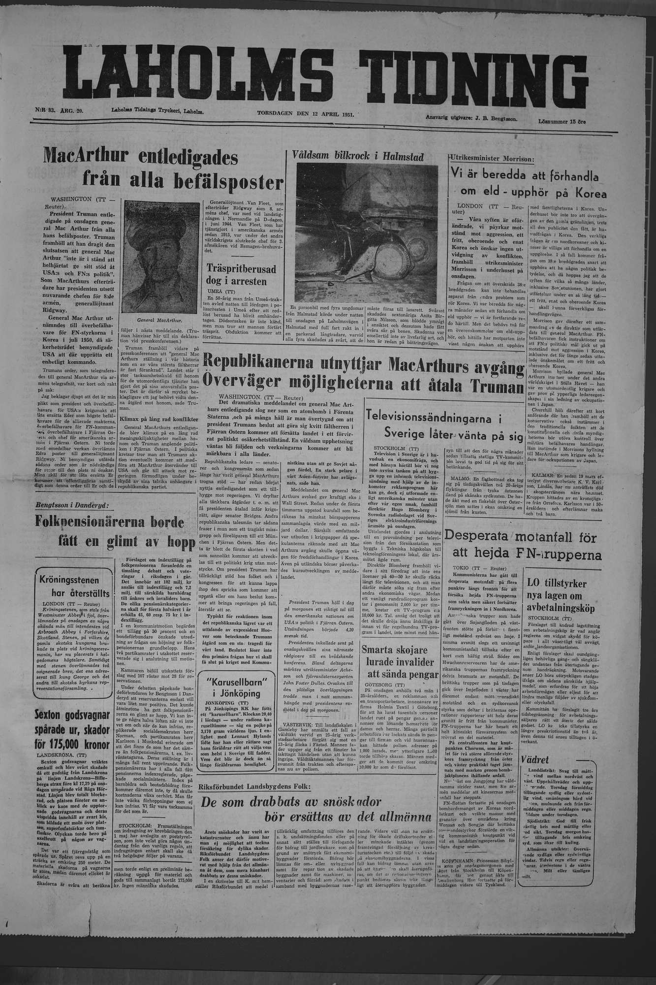 Laholms Tidning Torsdag 12 april 1951, sida 1