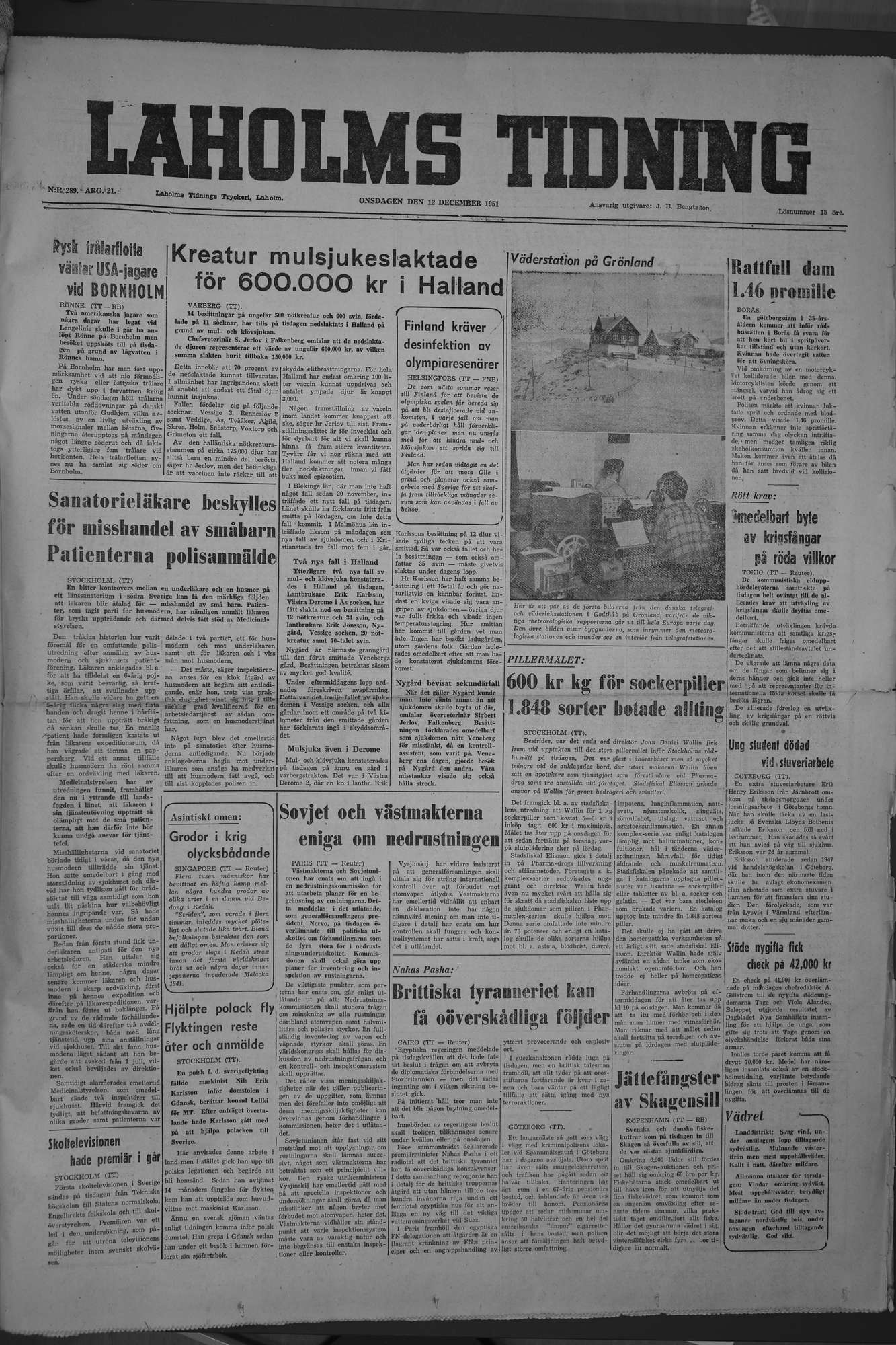 Laholms Tidning Onsdag 12 december 1951, sida 1