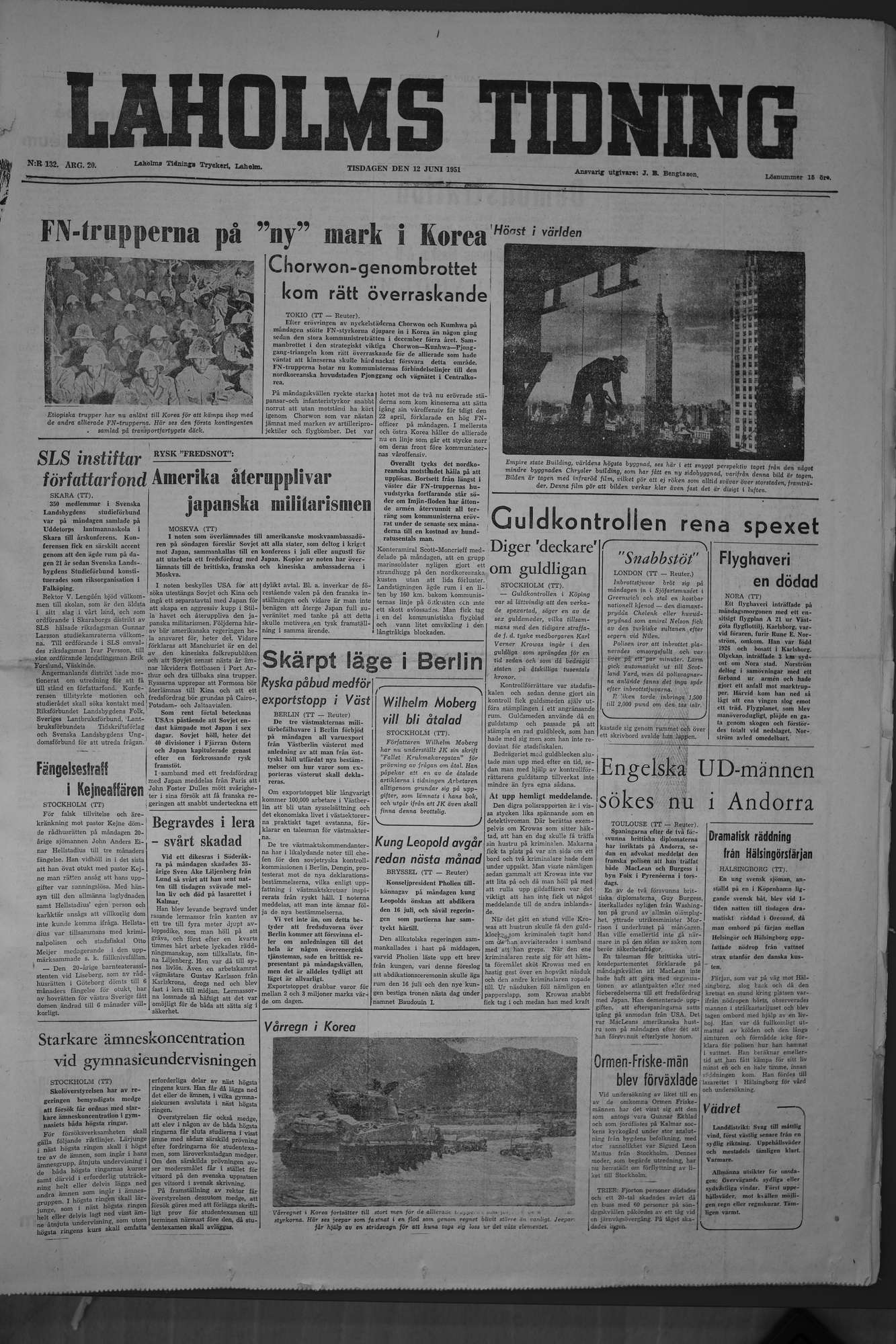 Laholms Tidning Tisdag 12 juni 1951, sida 1