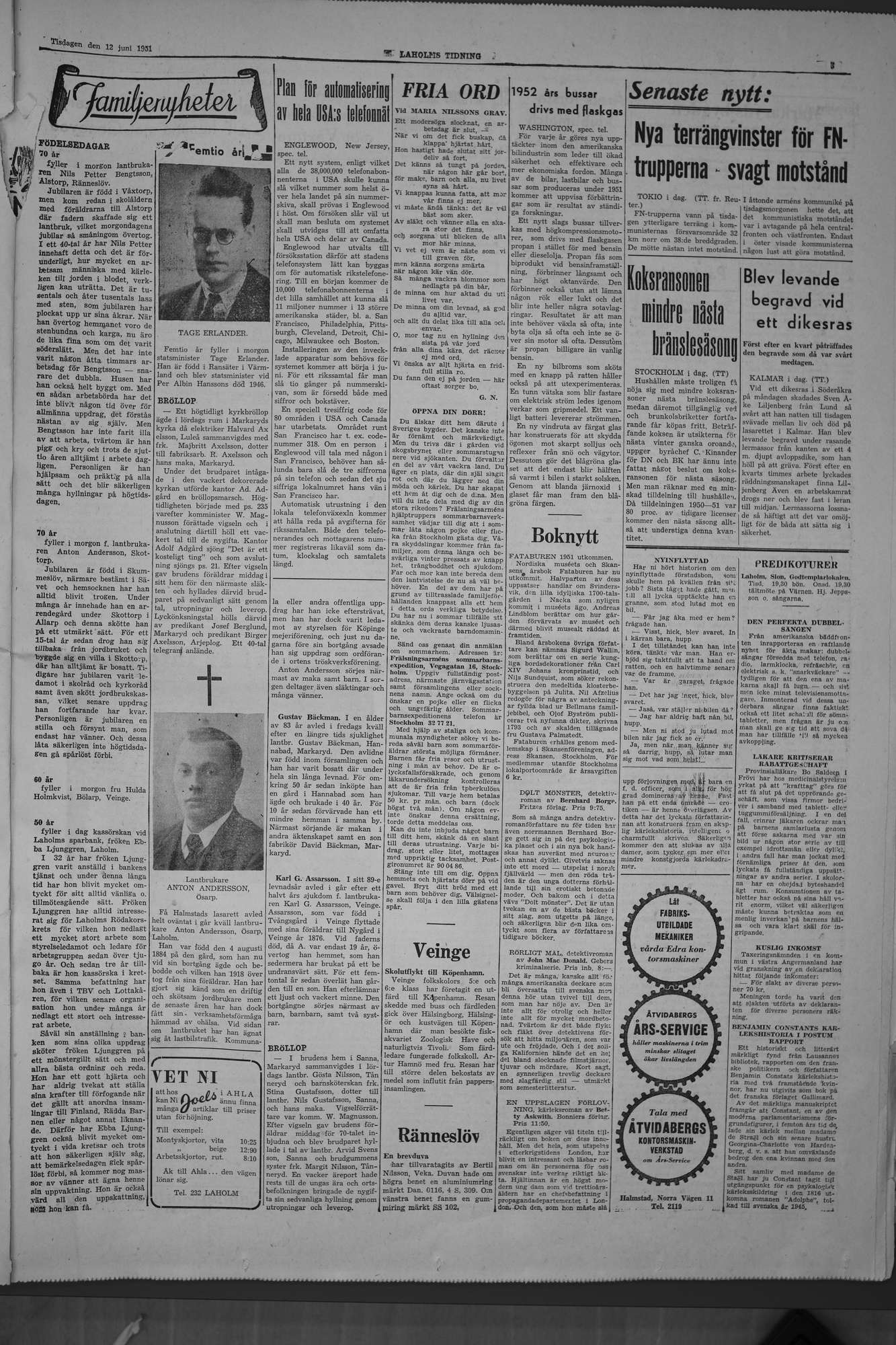 Laholms Tidning Tisdag 12 juni 1951, sida 3