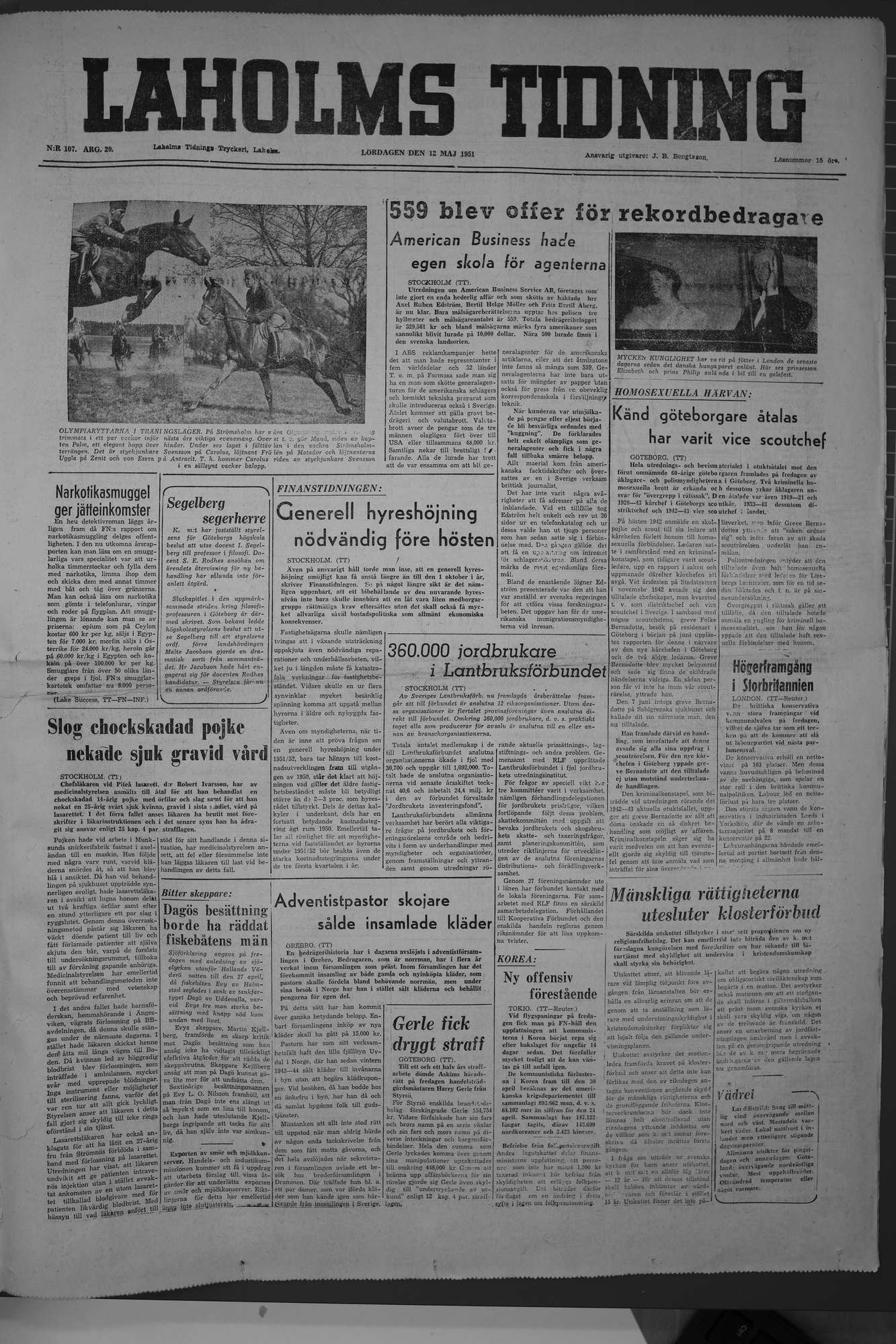 Laholms Tidning Lördag 12 maj 1951, sida 1