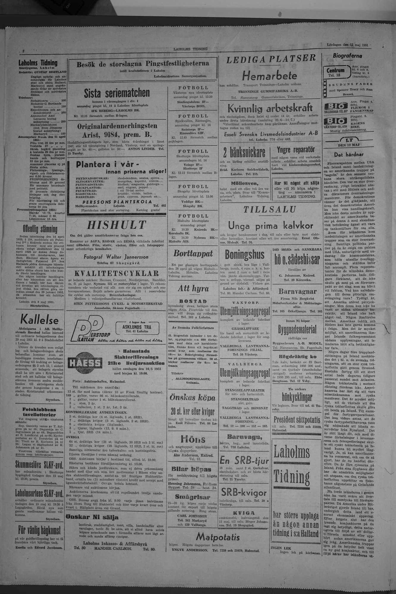 Laholms Tidning Lördag 12 maj 1951, sida 2
