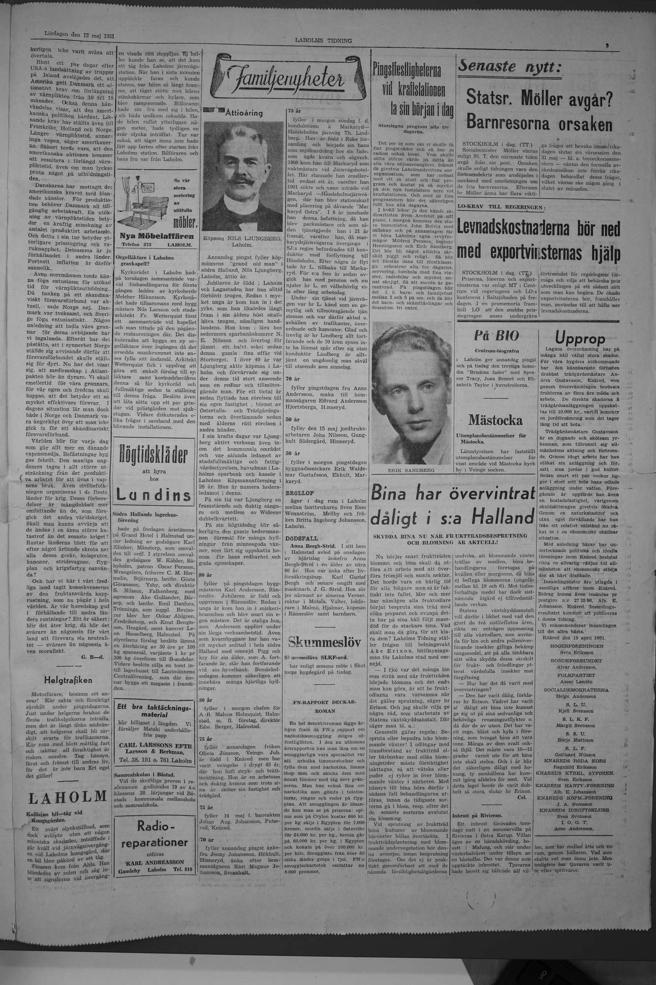 Laholms Tidning Lördag 12 maj 1951, sida 3