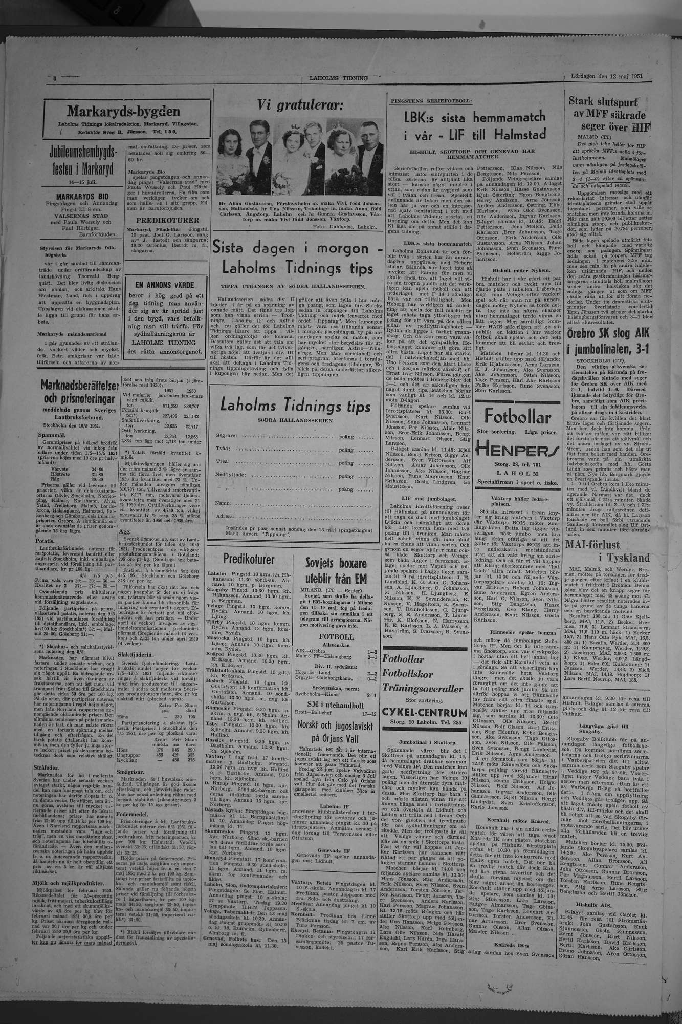 Laholms Tidning Lördag 12 maj 1951, sida 4