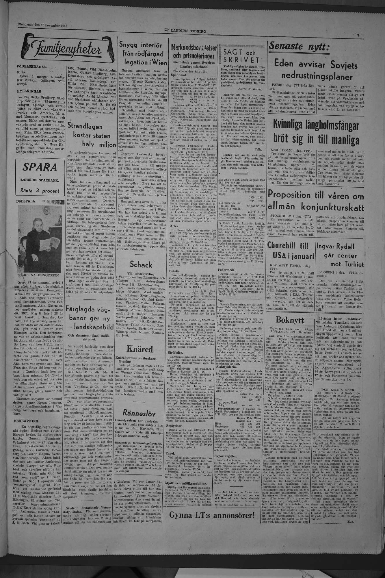 Laholms Tidning Måndag 12 november 1951, sida 3