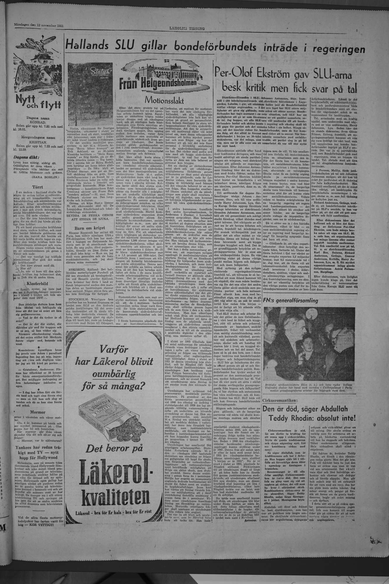 Laholms Tidning Måndag 12 november 1951, sida 5