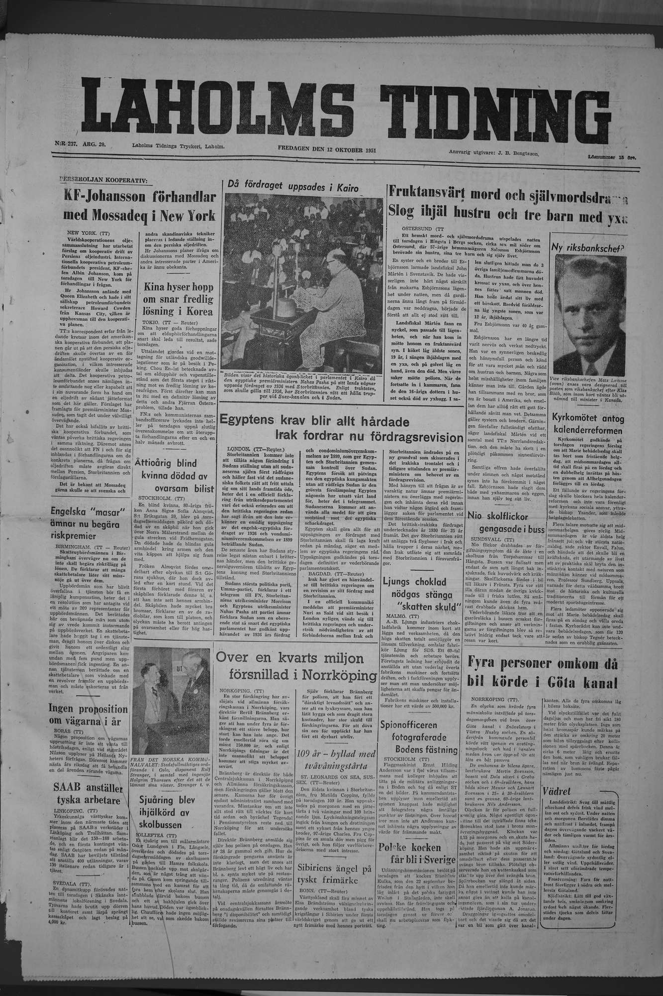 Laholms Tidning Fredag 12 oktober 1951, sida 1