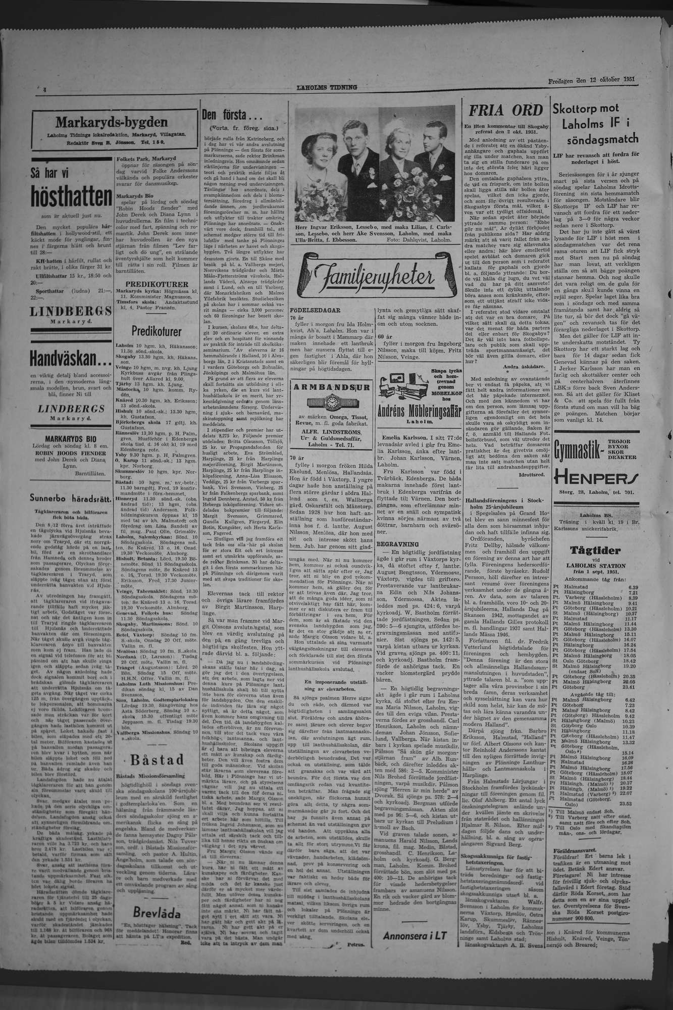 Laholms Tidning Fredag 12 oktober 1951, sida 4