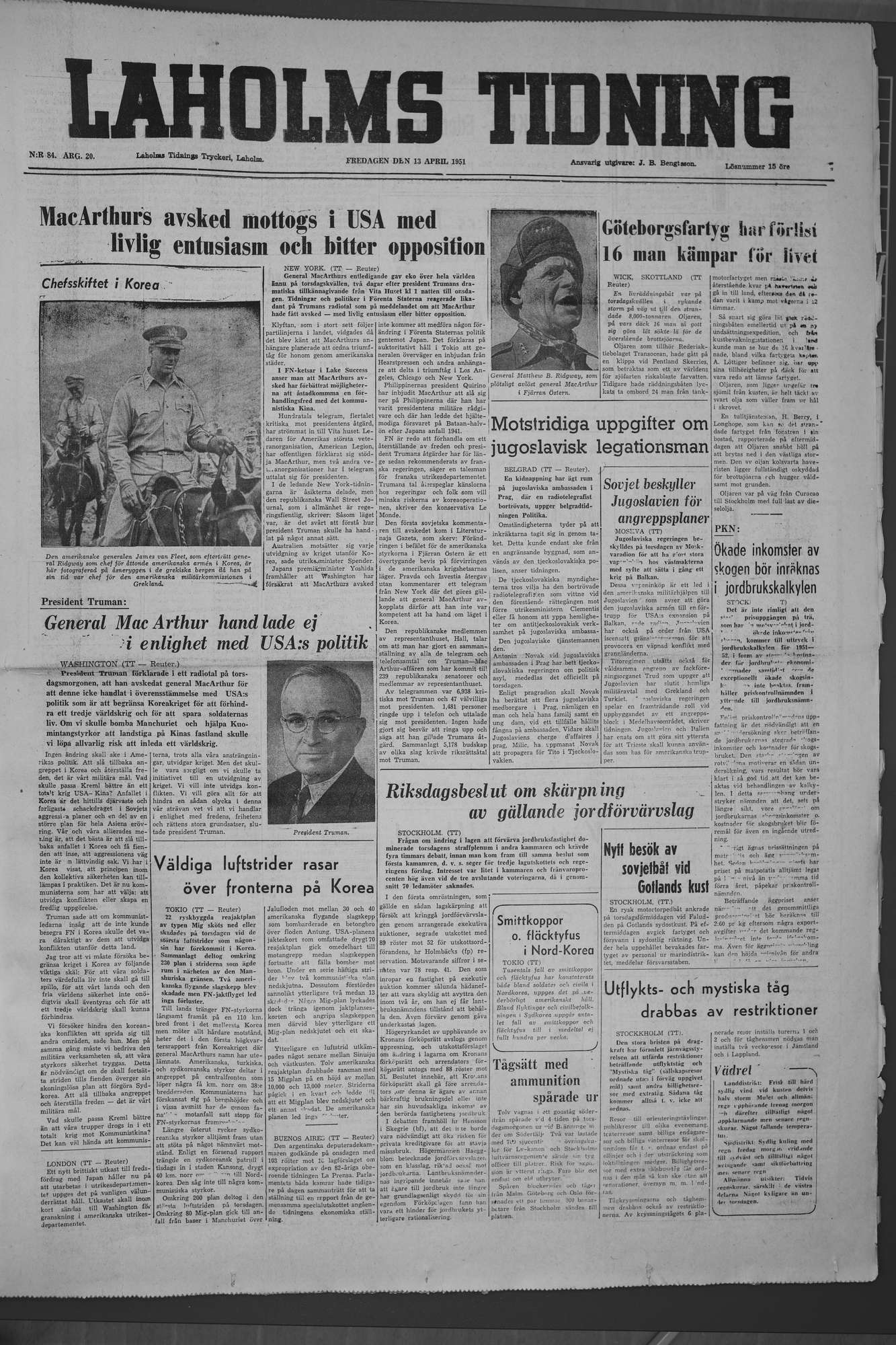 Laholms Tidning Fredag 13 april 1951, sida 1
