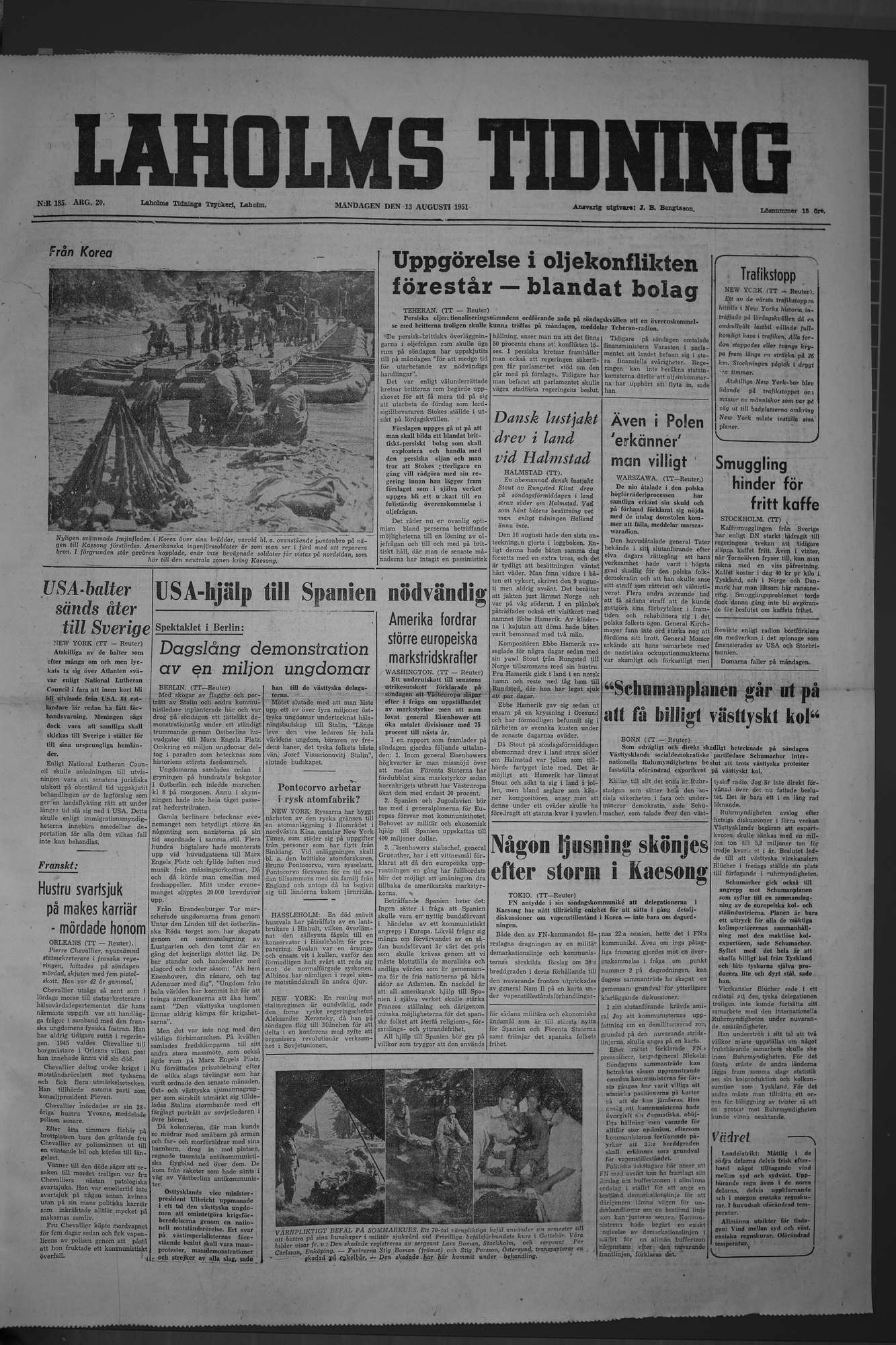 Laholms Tidning Måndag 13 augusti 1951, sida 1