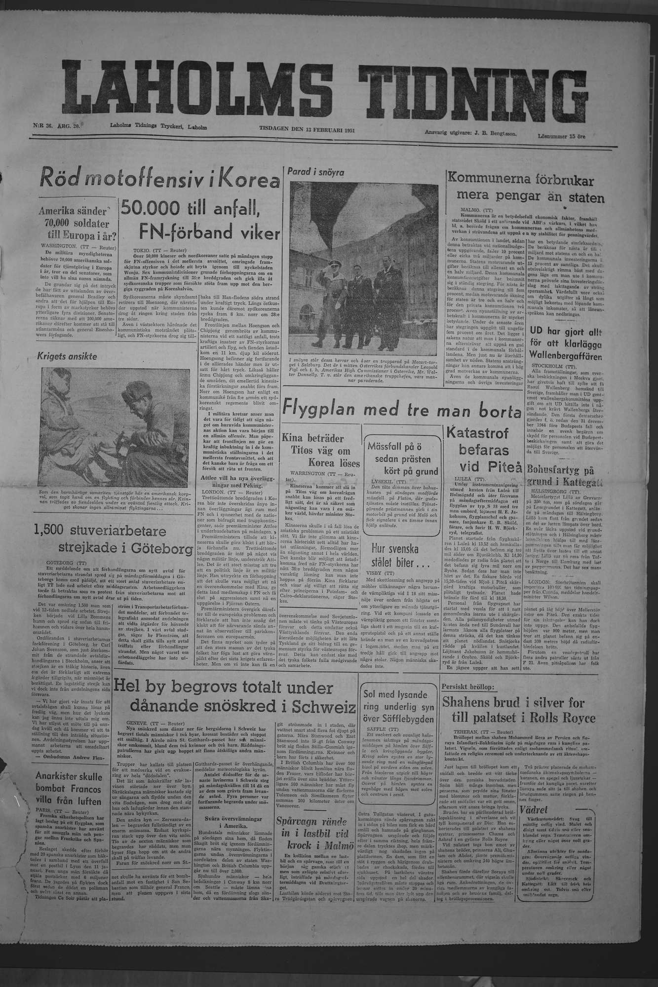 Laholms Tidning Tisdag 13 februari 1951, sida 1