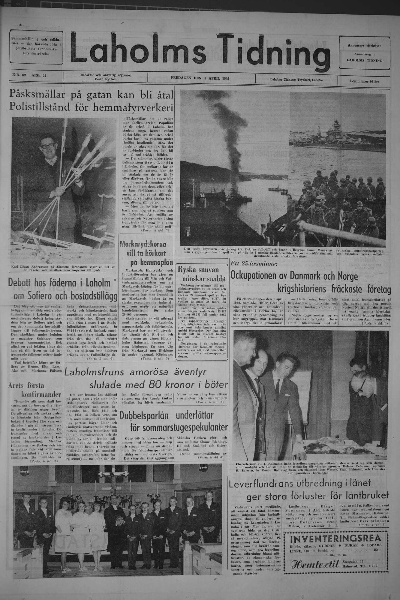 Laholms Tidning Fredag 9 april 1965, sida 1