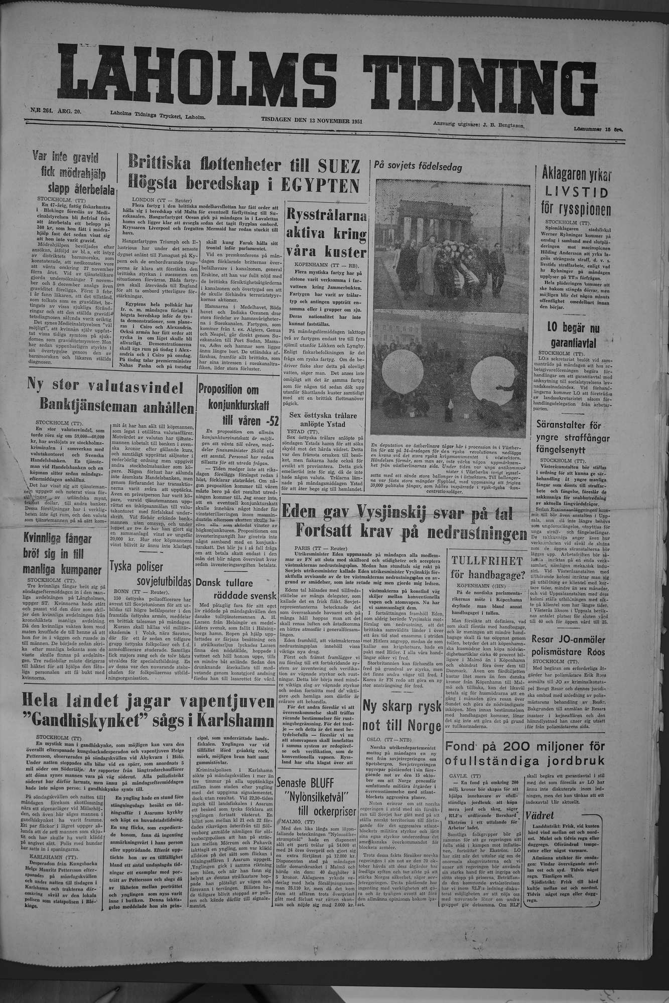 Laholms Tidning Tisdag 13 november 1951, sida 1