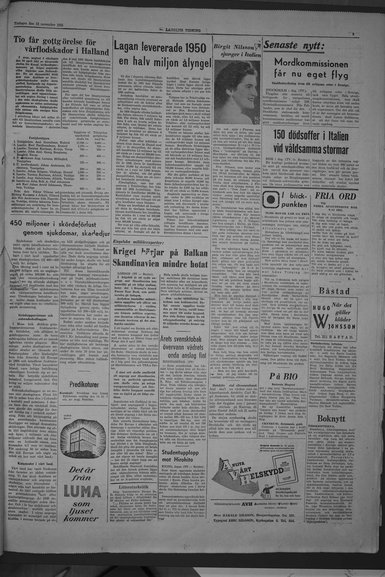 Laholms Tidning Tisdag 13 november 1951, sida 3